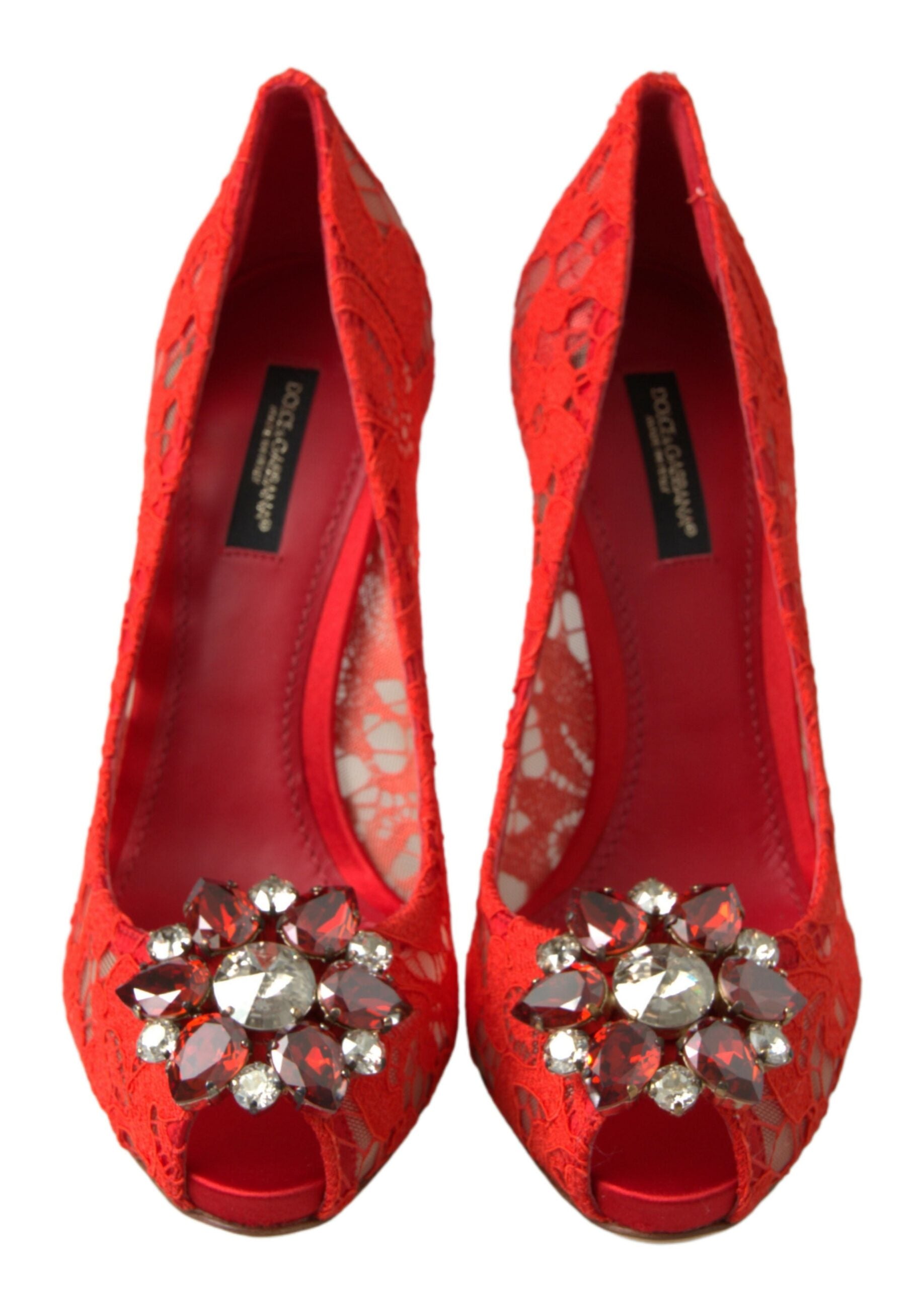 Pantofi cu toc Dolce &amp; Gabbana Chic Red Lace cu cristale