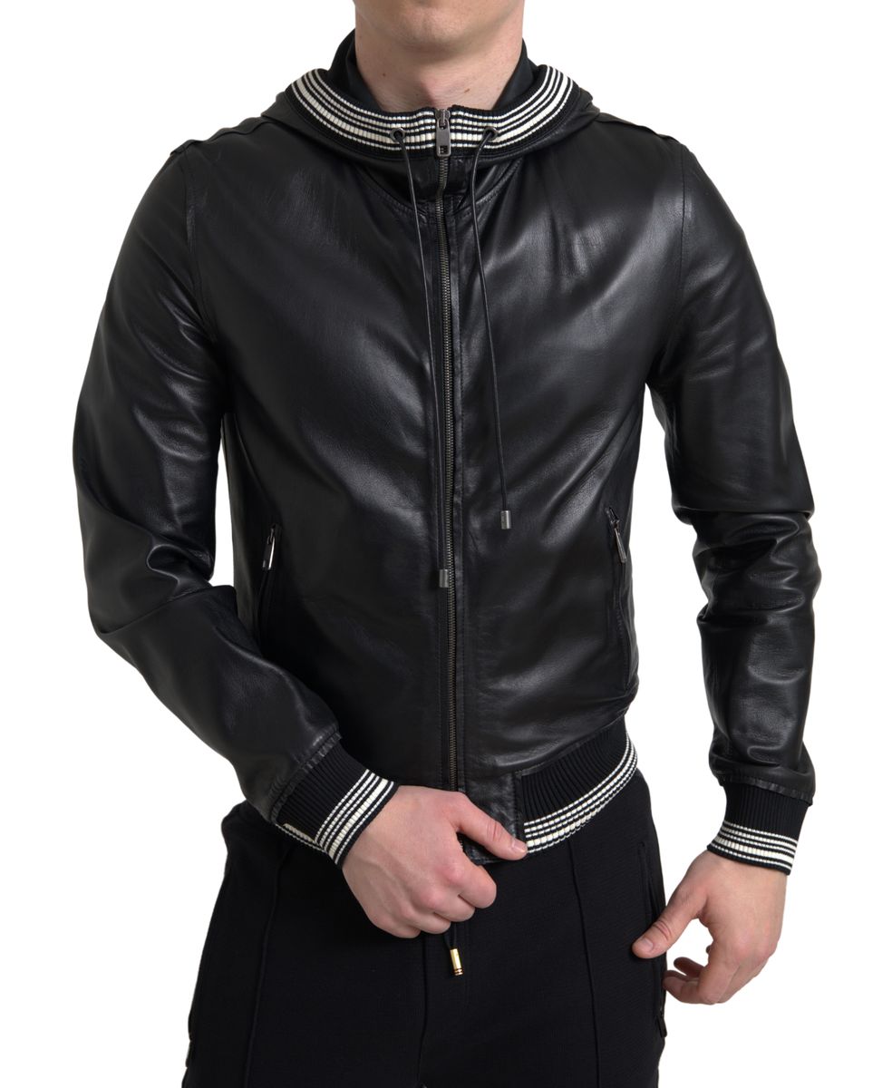Jachetă bomber elegantă din piele neagră Dolce &amp; Gabbana