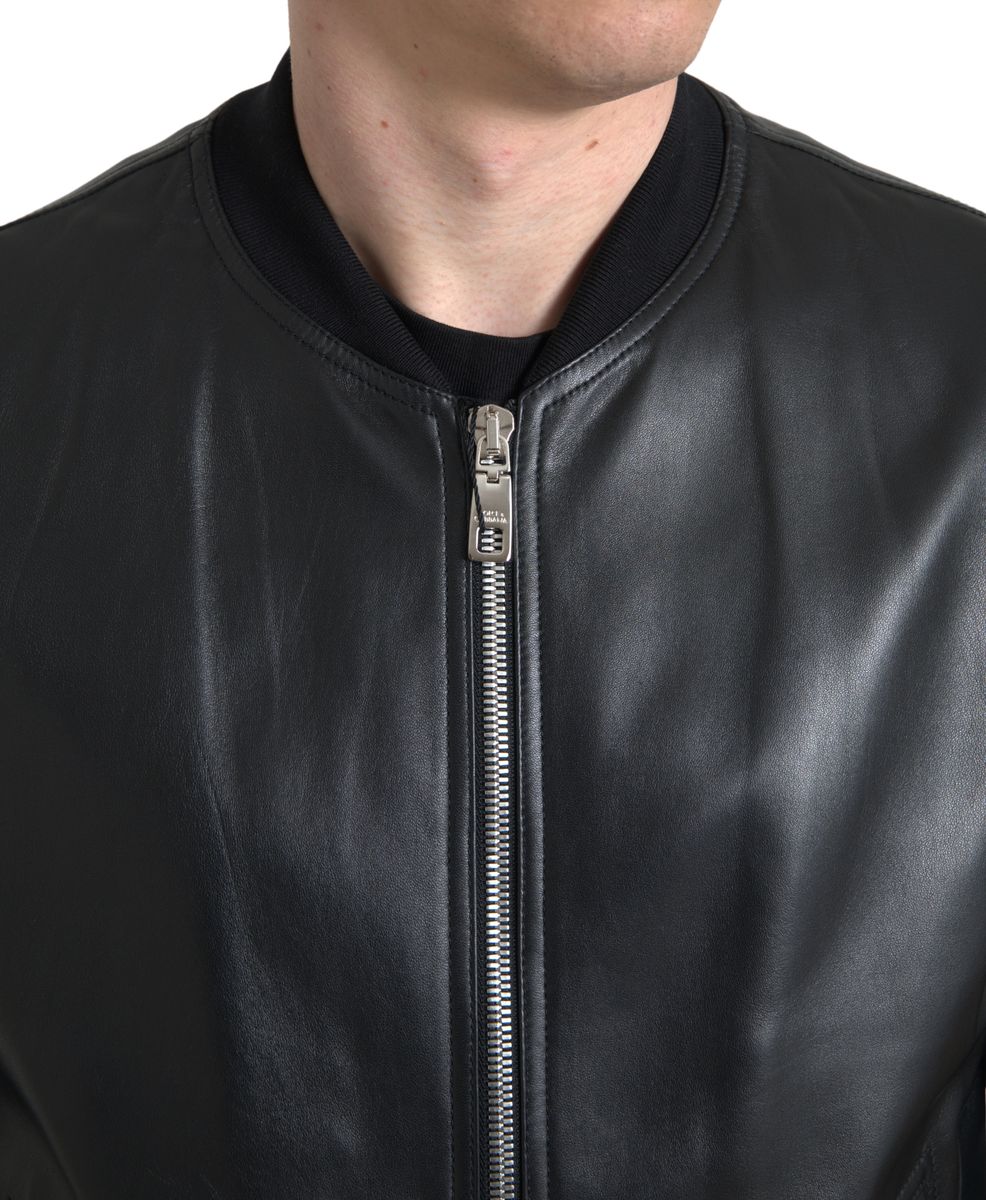 Jachetă bomber elegantă din piele neagră Dolce &amp; Gabbana