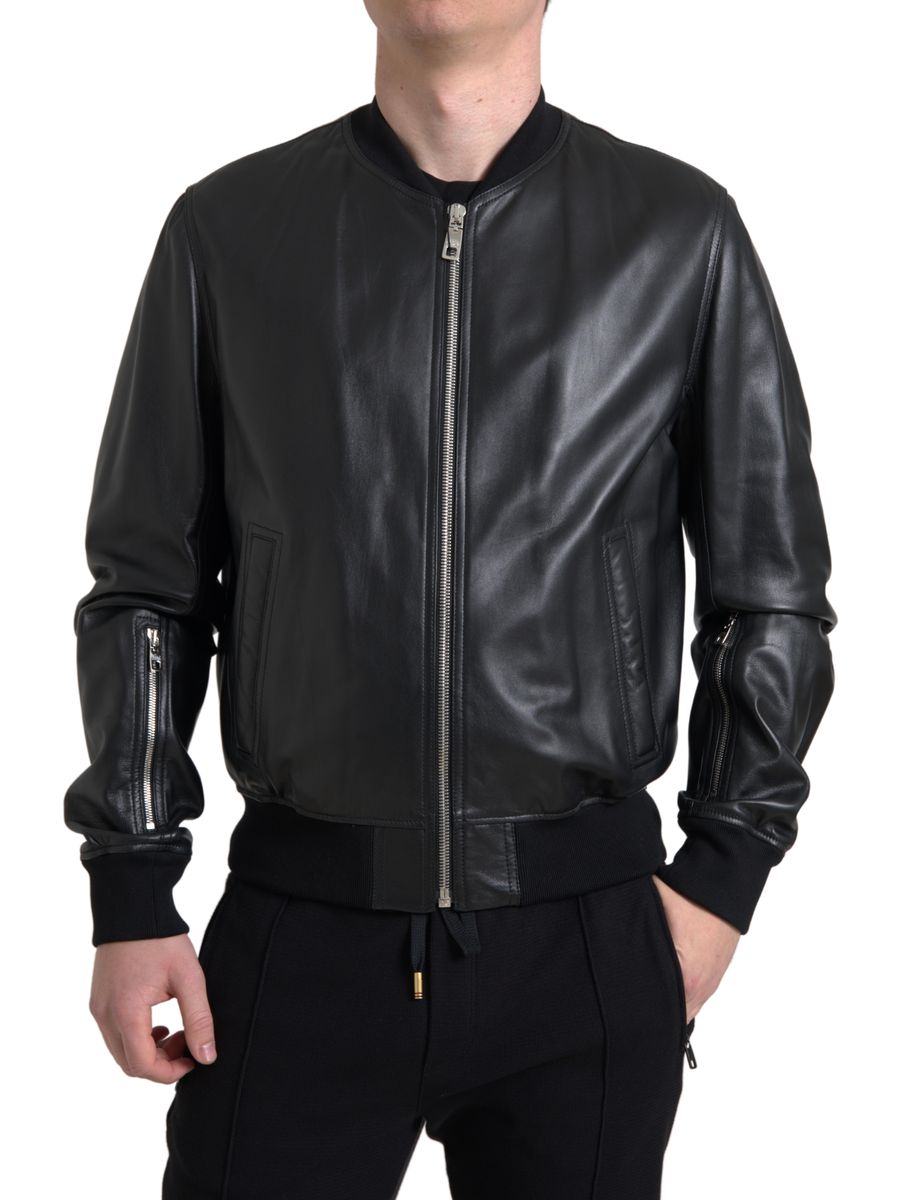 Jachetă bomber elegantă din piele neagră Dolce &amp; Gabbana