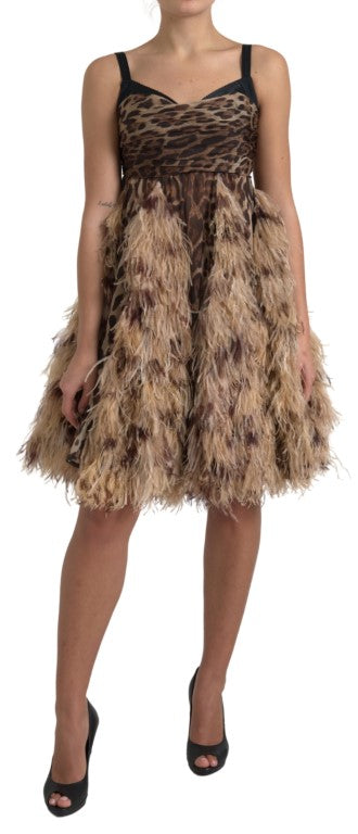 Rochie Dolce &amp; Gabbana fără mâneci cu imprimeu leopard și pene de struț din șifon