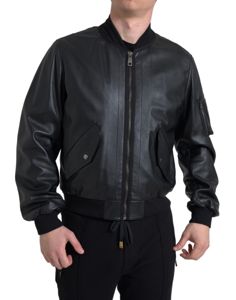 Jachetă bomber elegantă din piele neagră Dolce &amp; Gabbana