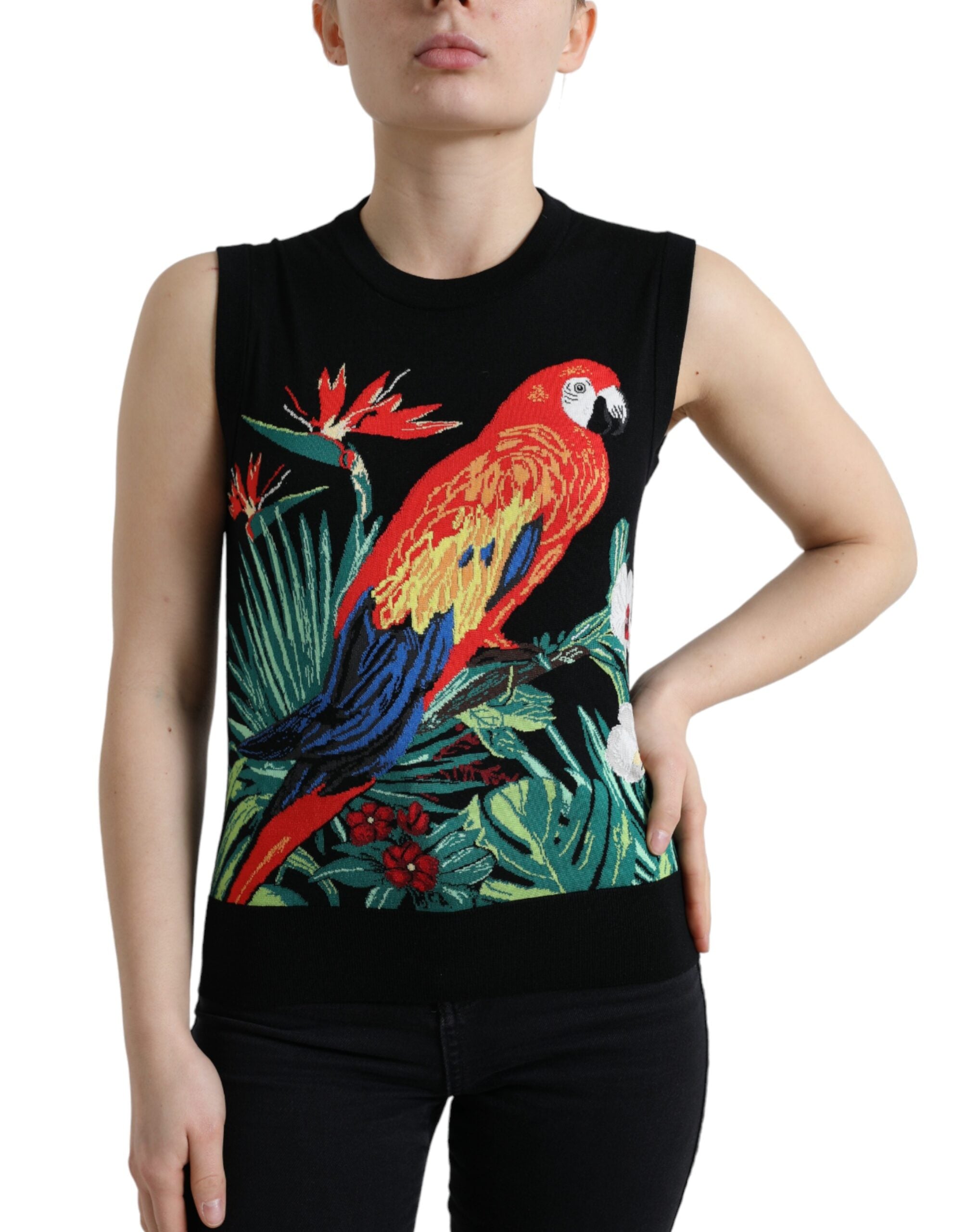 Dolce &amp; Gabbana Tricou elegant cu guler rotund din lână și mătase, cu broderie cu păsări