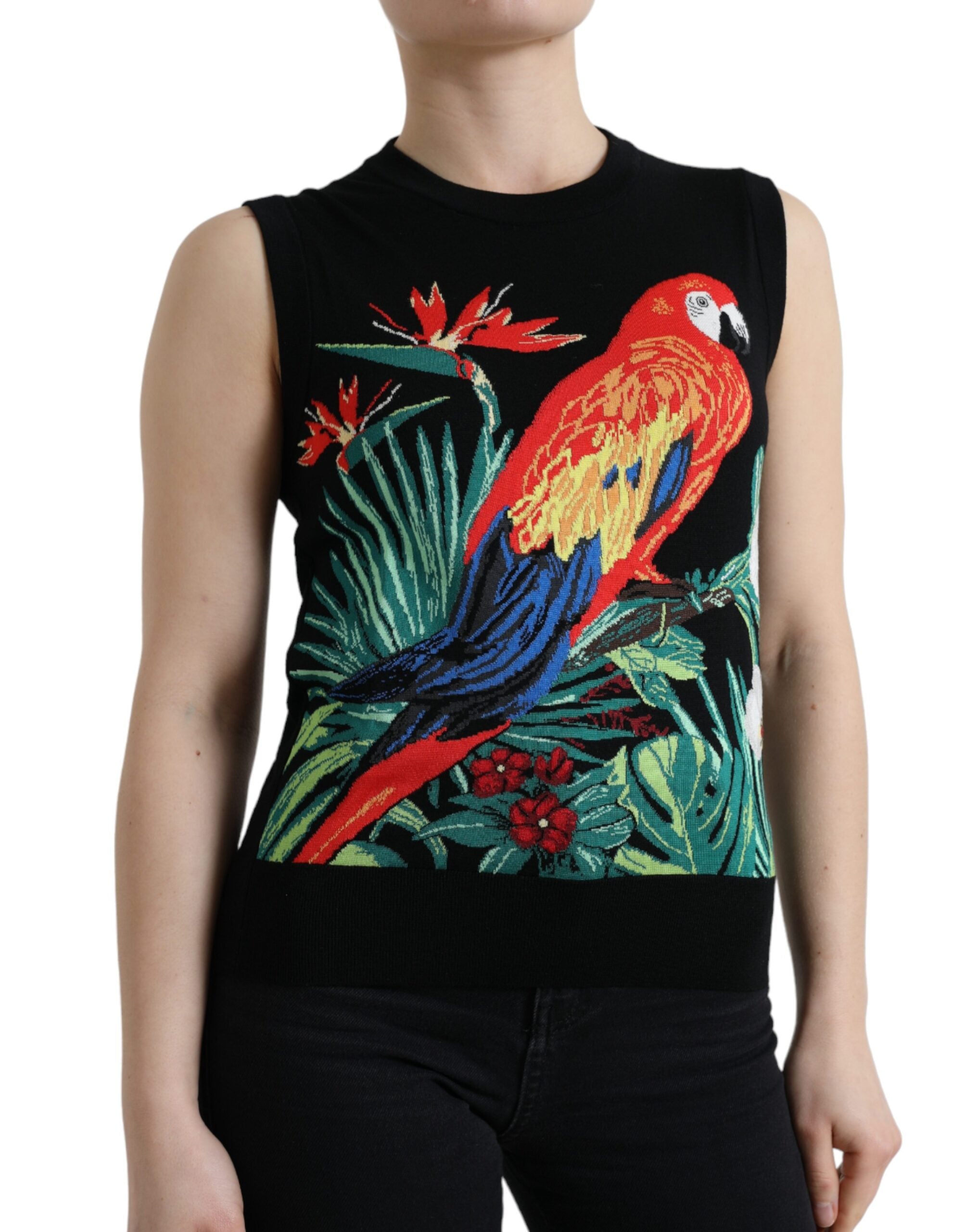 Dolce &amp; Gabbana Tricou elegant cu guler rotund din lână și mătase, cu broderie cu păsări