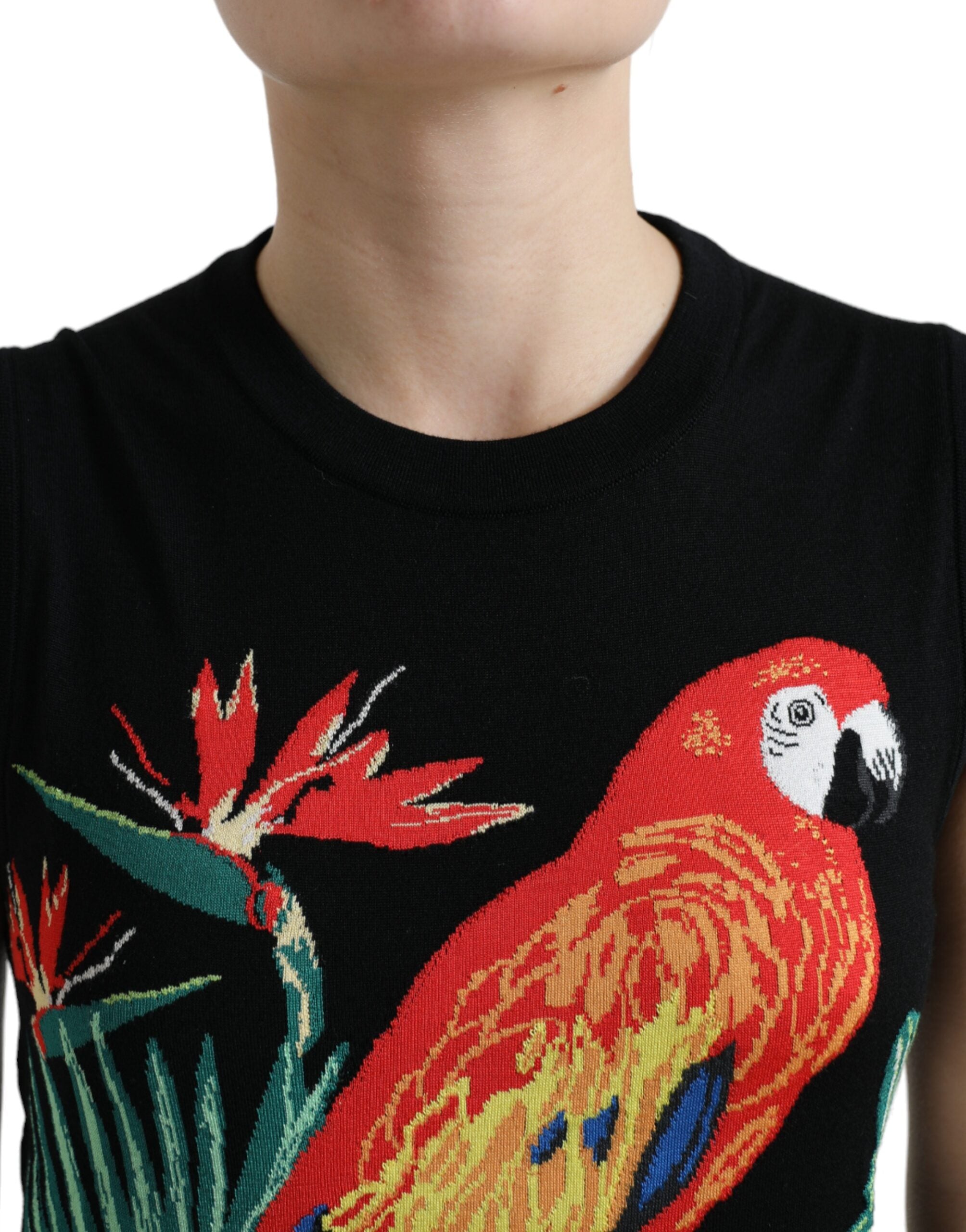 Dolce &amp; Gabbana Tricou elegant cu guler rotund din lână și mătase, cu broderie cu păsări