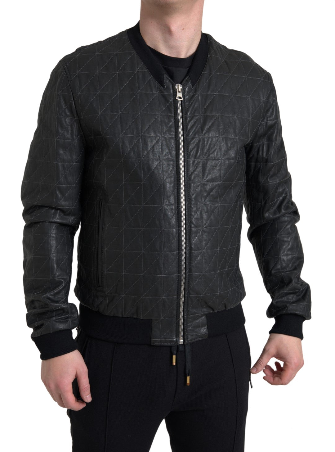 Jachetă bomber elegantă din piele neagră Dolce &amp; Gabbana