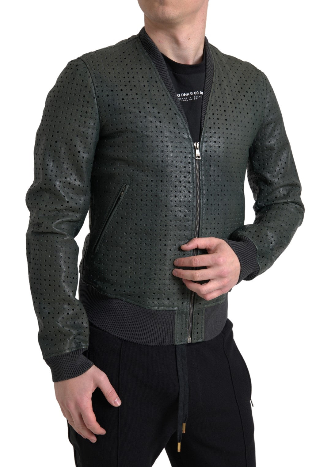 Jachetă bomber din piele de capră verde smarald Dolce &amp; Gabbana