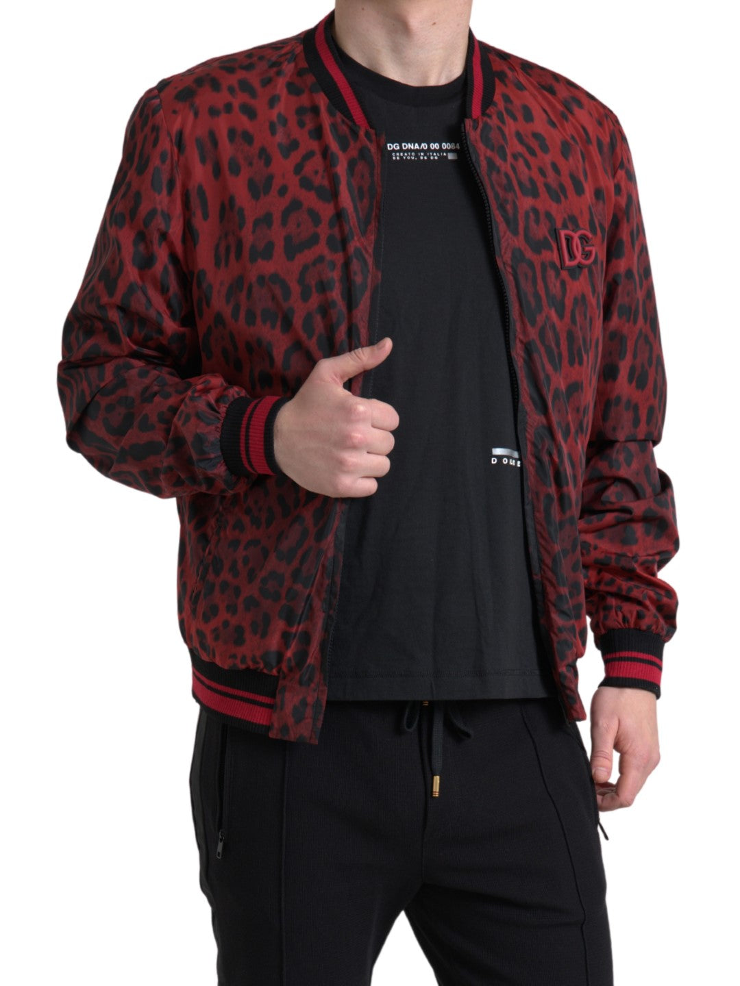 Jachetă bomber roșie cu imprimeu leopard Dolce &amp; Gabbana