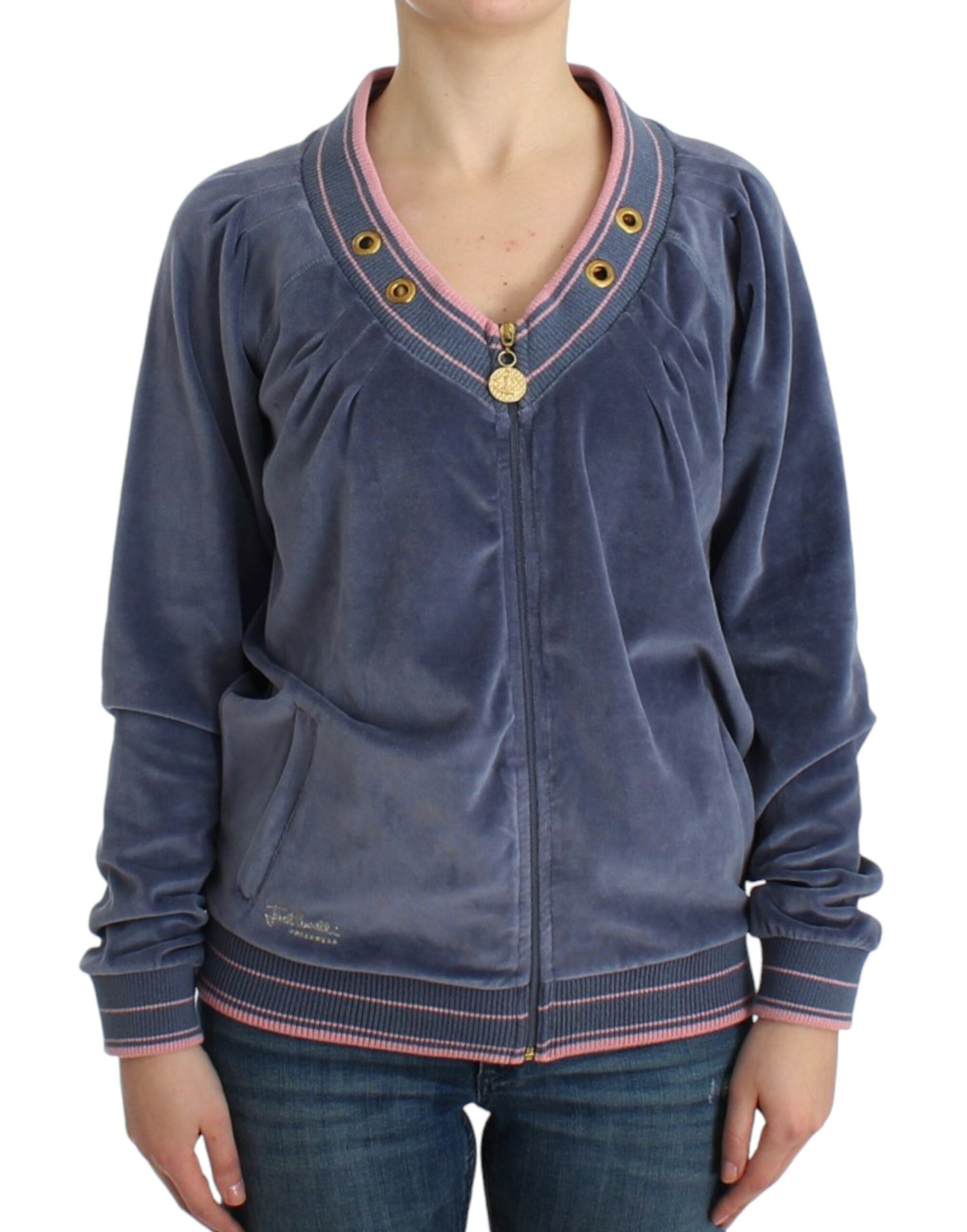 Cardigan elegant Cavalli albastru cu fermoar și detalii aurii