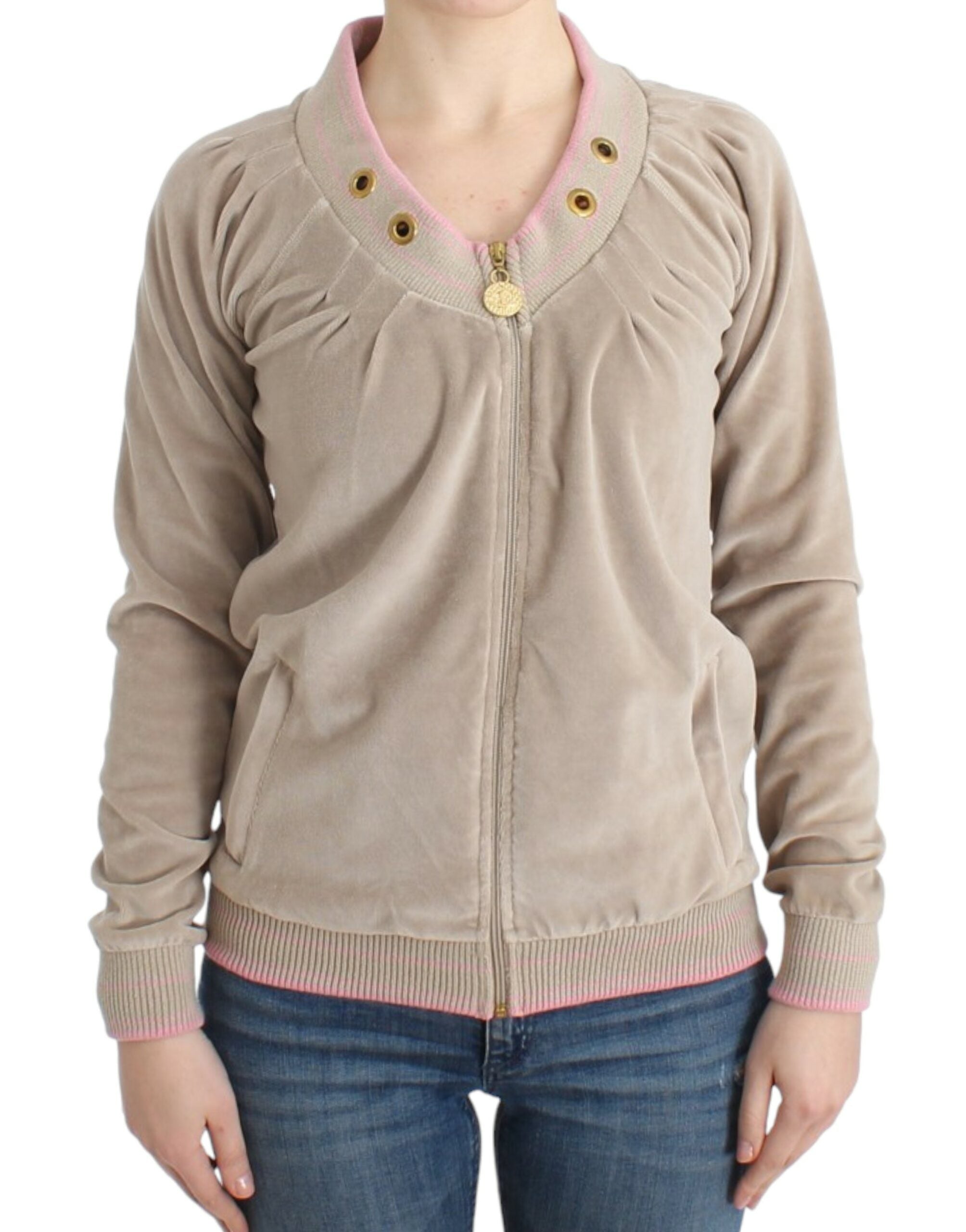 Cavalli – Beige Strickjacke mit Reißverschluss und goldfarbenen Akzenten