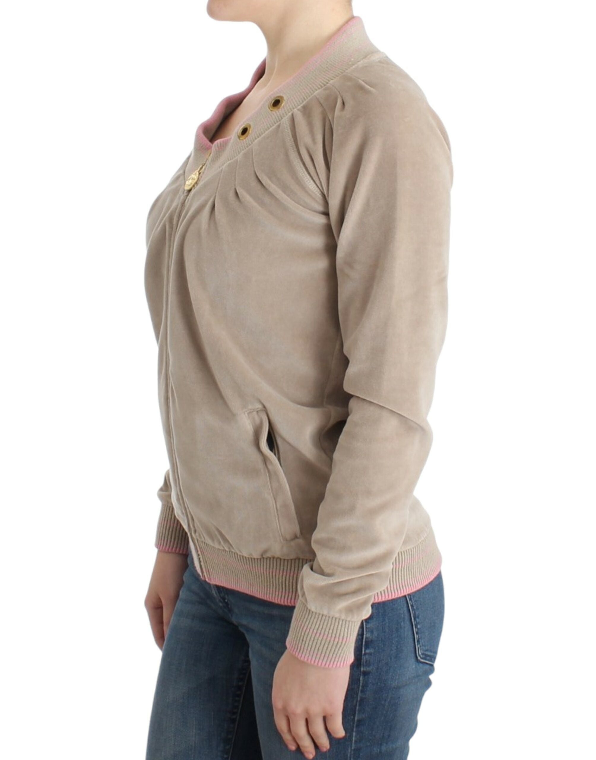 Cavalli – Beige Strickjacke mit Reißverschluss und goldfarbenen Akzenten