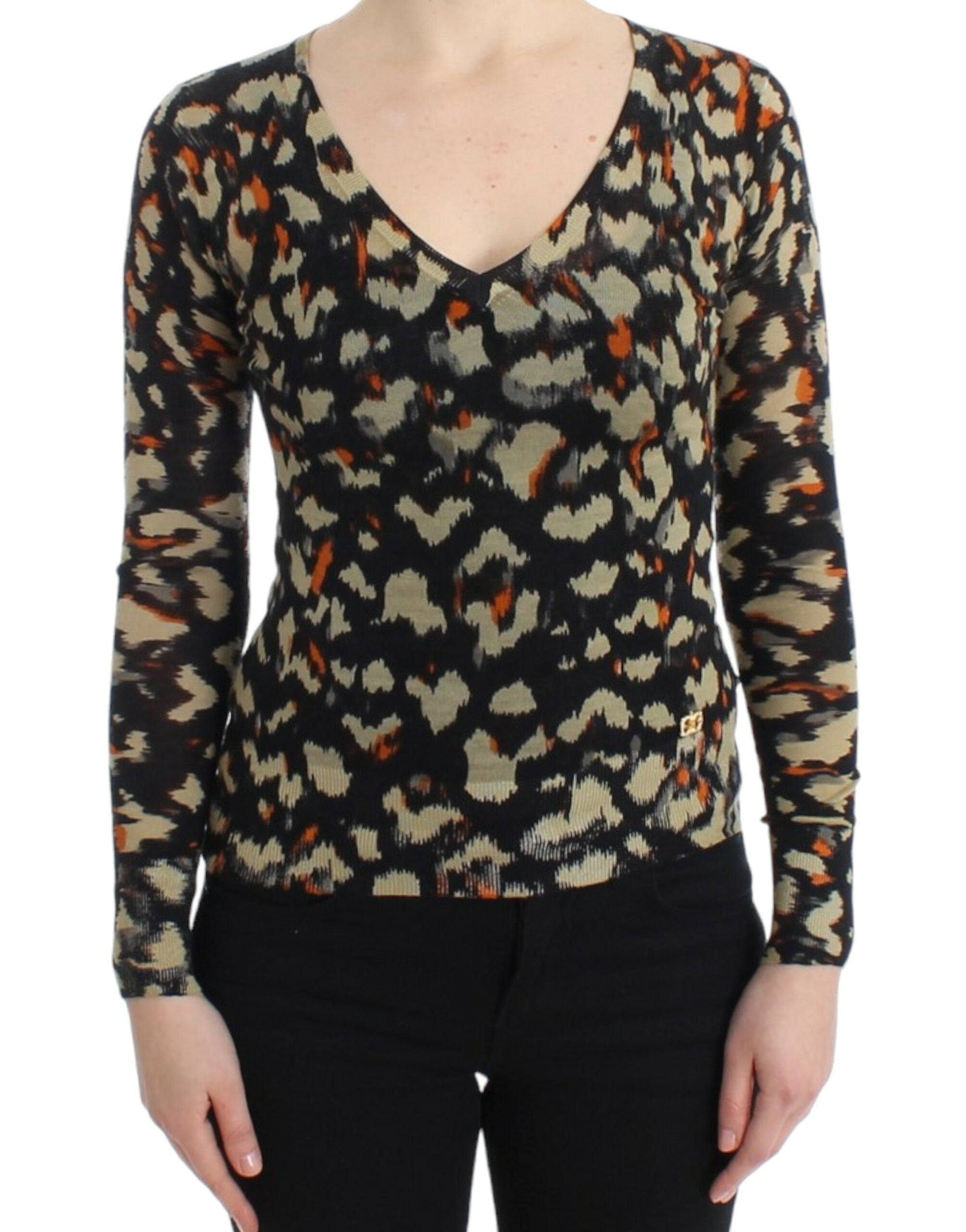 Cavalli – Eleganter, mehrfarbiger Wollpullover mit V-Ausschnitt