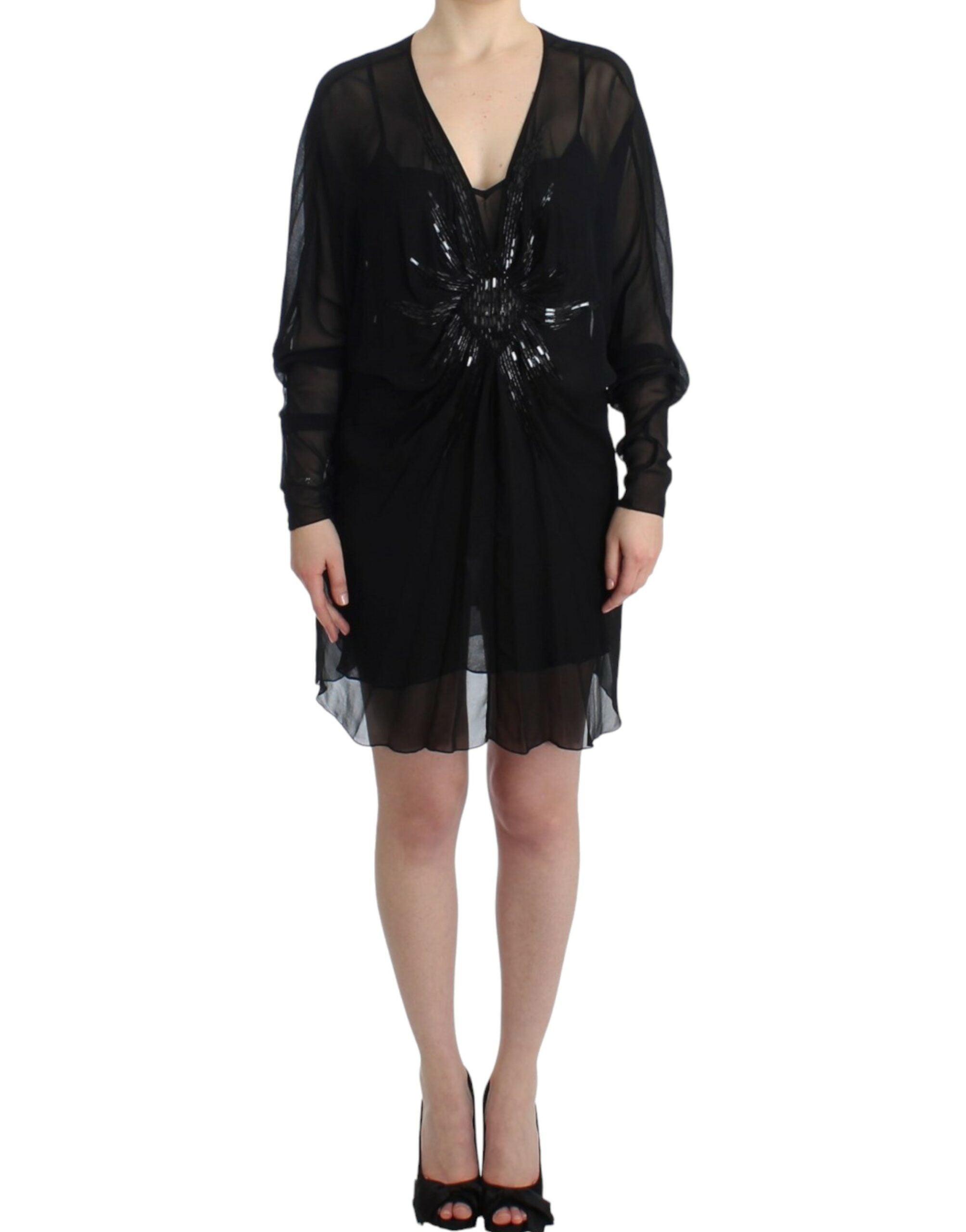 Cavalli – Elegantes, transparentes schwarzes Blousonkleid aus Seide