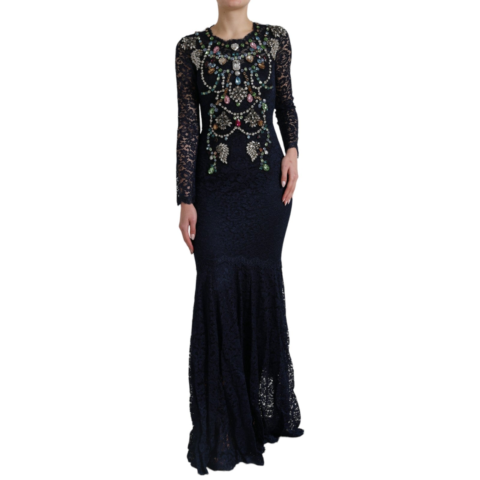 Dolce &amp; Gabbana – Marineblaues ausgestelltes Kleid mit Kristallverzierung