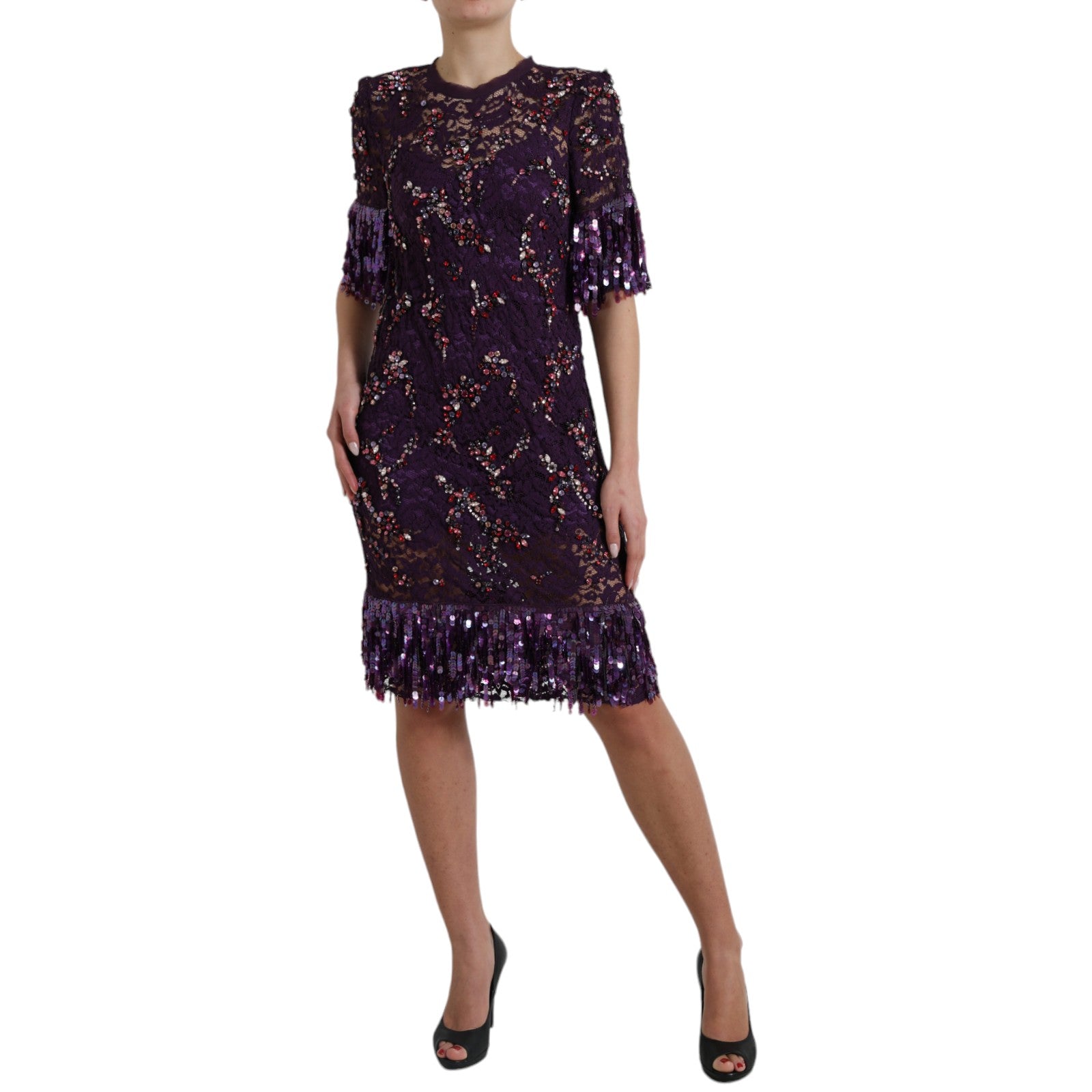 Dolce &amp; Gabbana Elegantes lila Kleid mit Blumenspitze und Kristallen