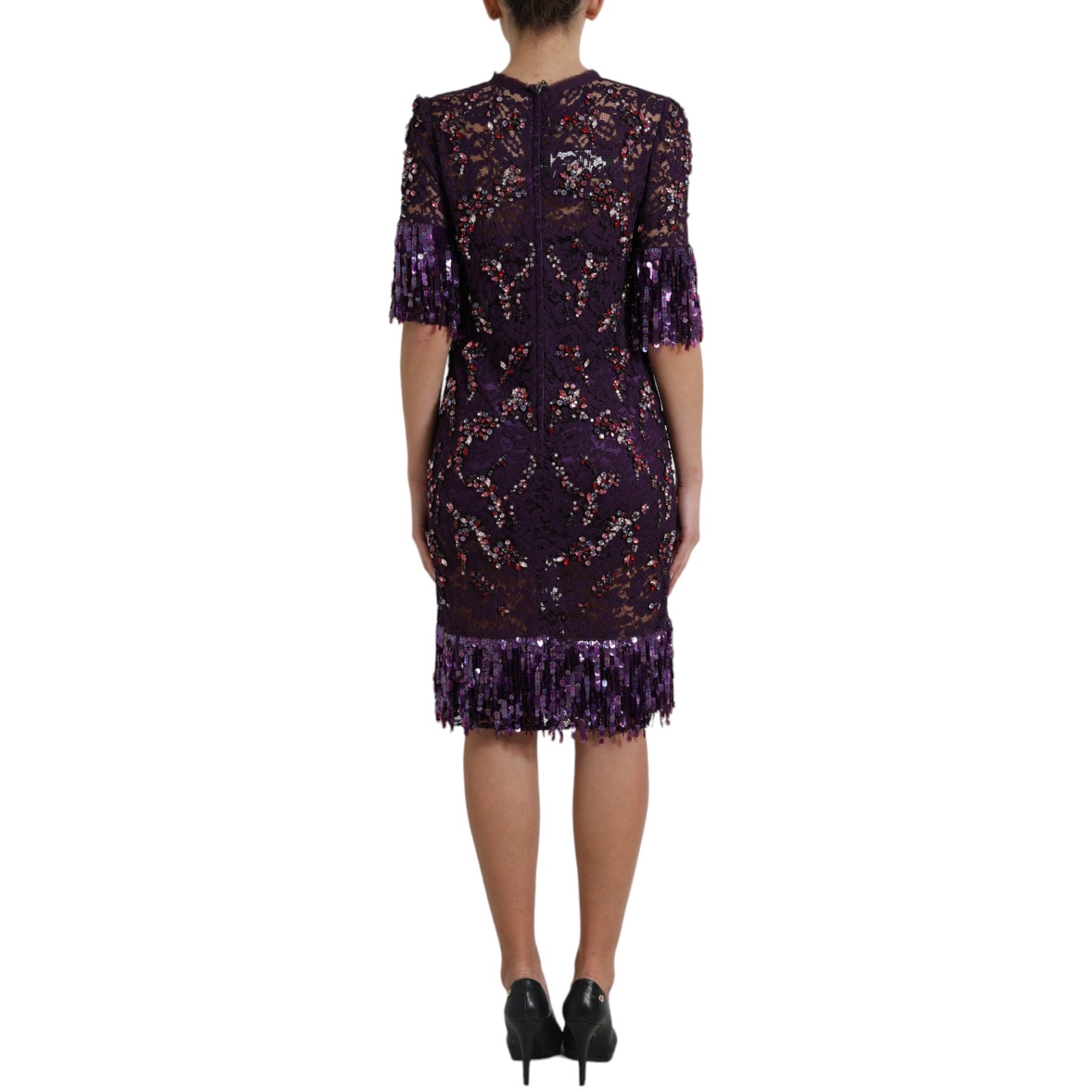 Dolce &amp; Gabbana Elegantes lila Kleid mit Blumenspitze und Kristallen