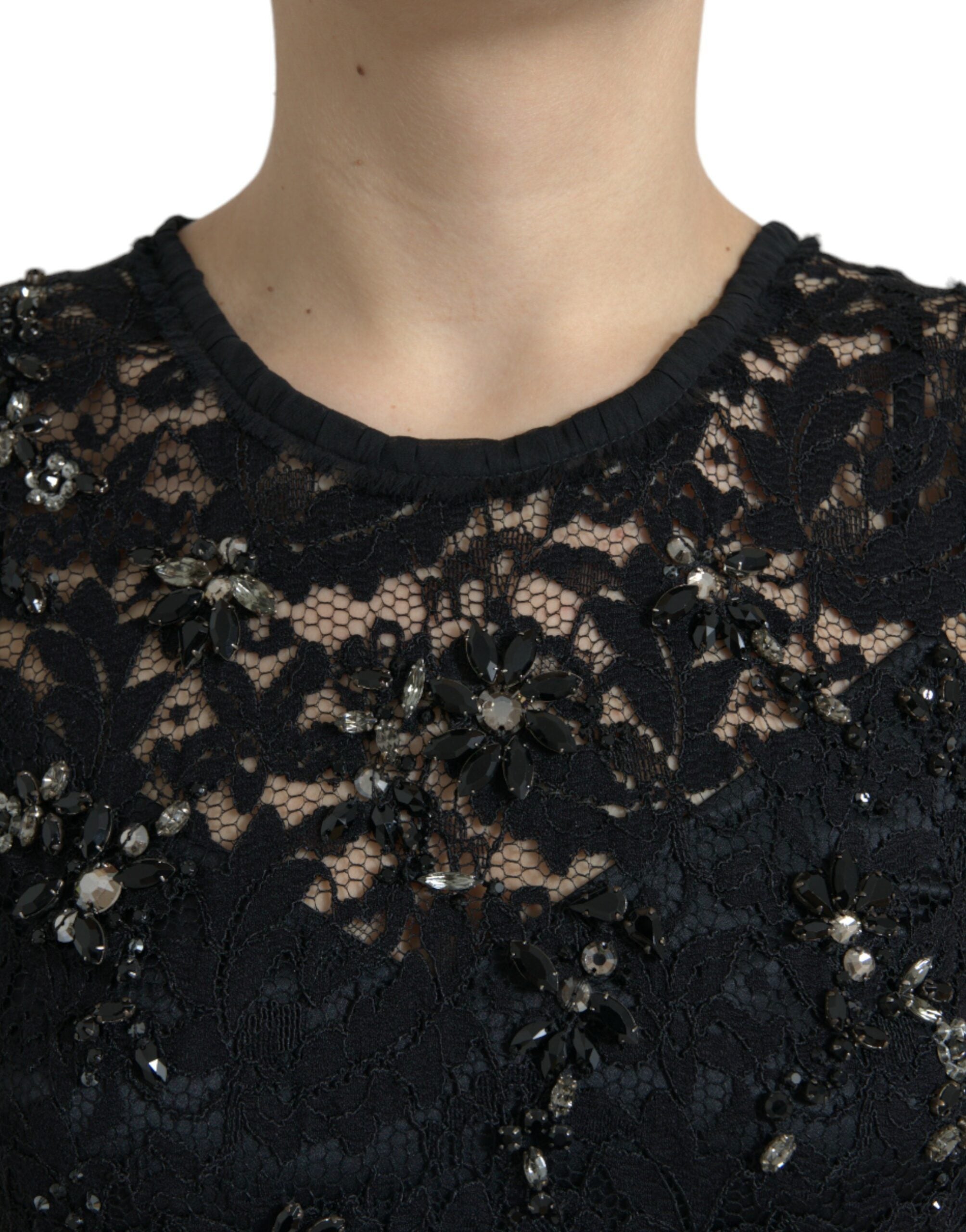 Dolce &amp; Gabbana – Exquisites schwarzes Etuikleid aus floraler Spitze mit Kristallen
