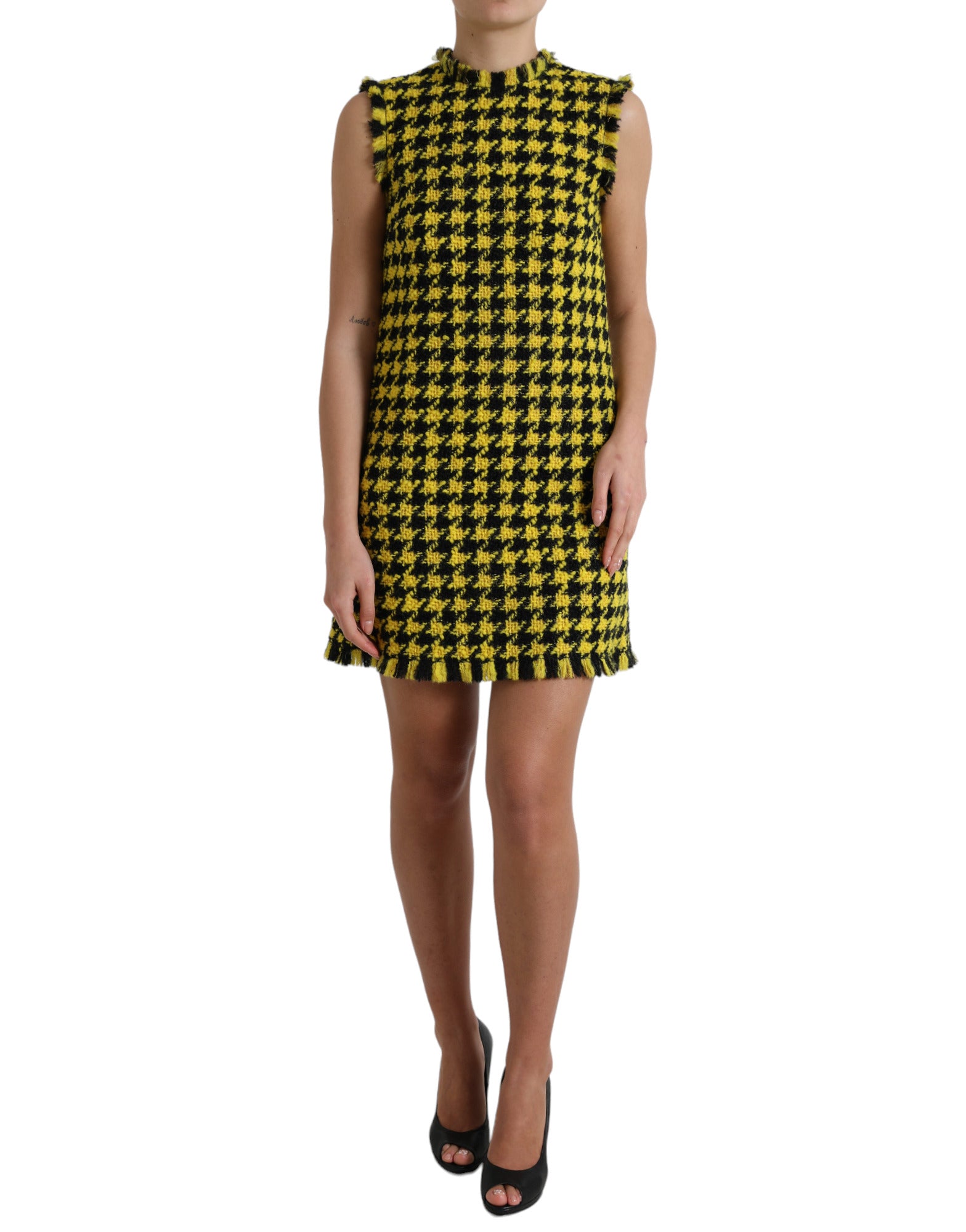 Fustă mini galbenă elegantă tricotată cu model Houndstooth de la Dolce &amp; Gabbana