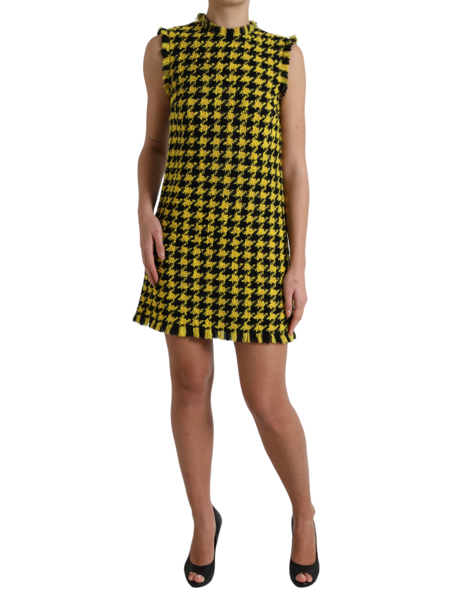 Fustă mini galbenă elegantă tricotată cu model Houndstooth de la Dolce &amp; Gabbana