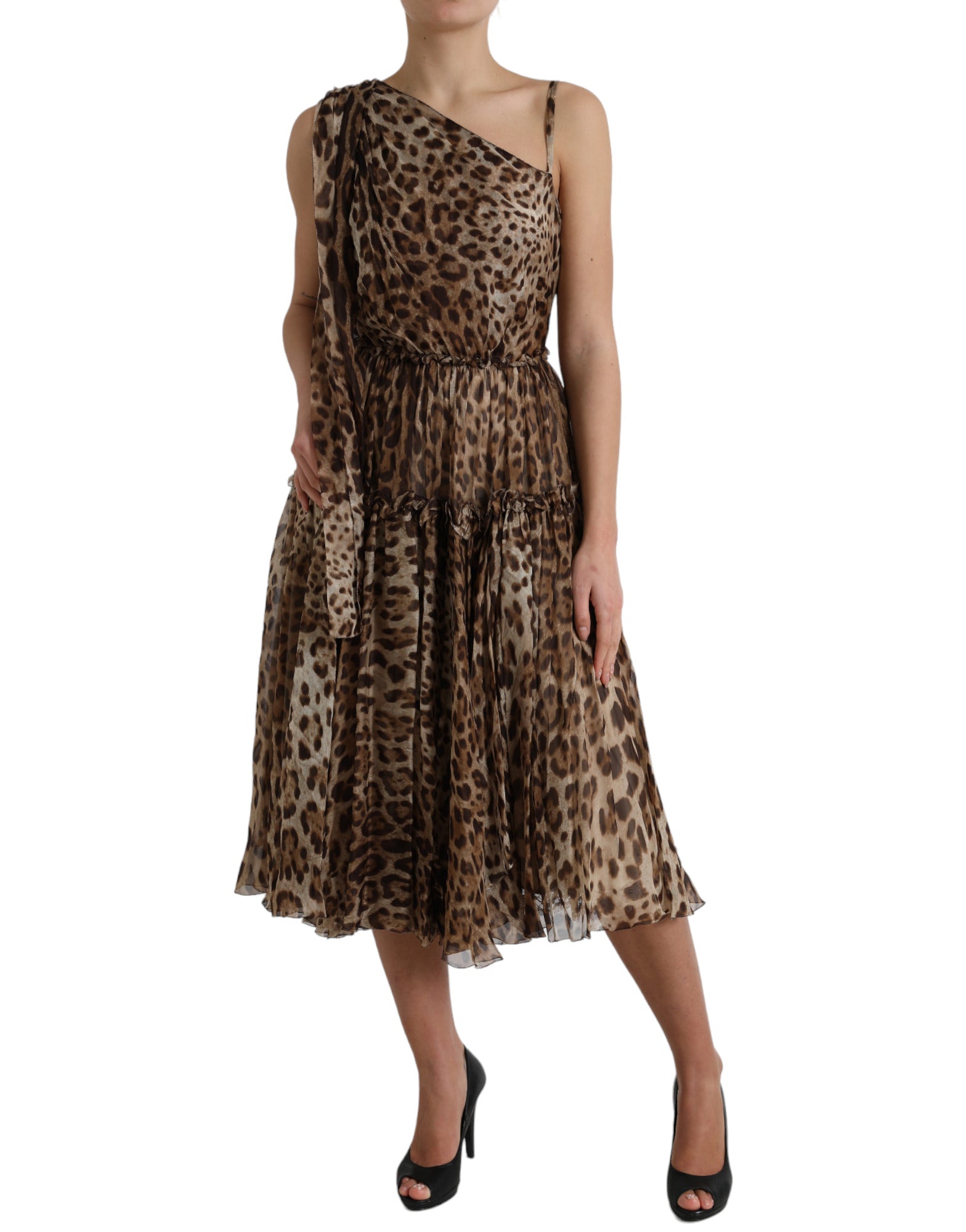 Rochie midi elegantă cu un singur umăr, model leopard, Dolce &amp; Gabbana
