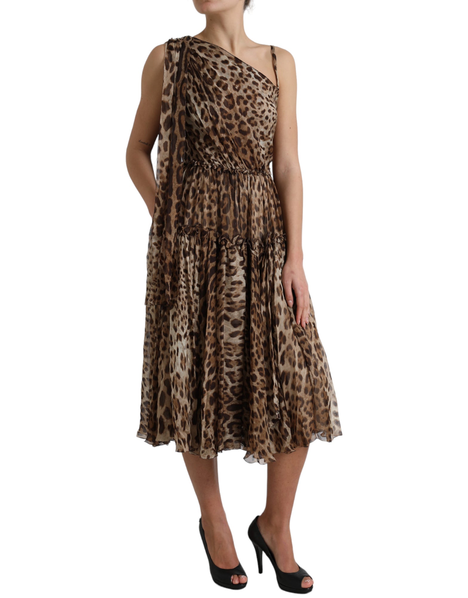 Rochie midi elegantă cu un singur umăr, model leopard, Dolce &amp; Gabbana