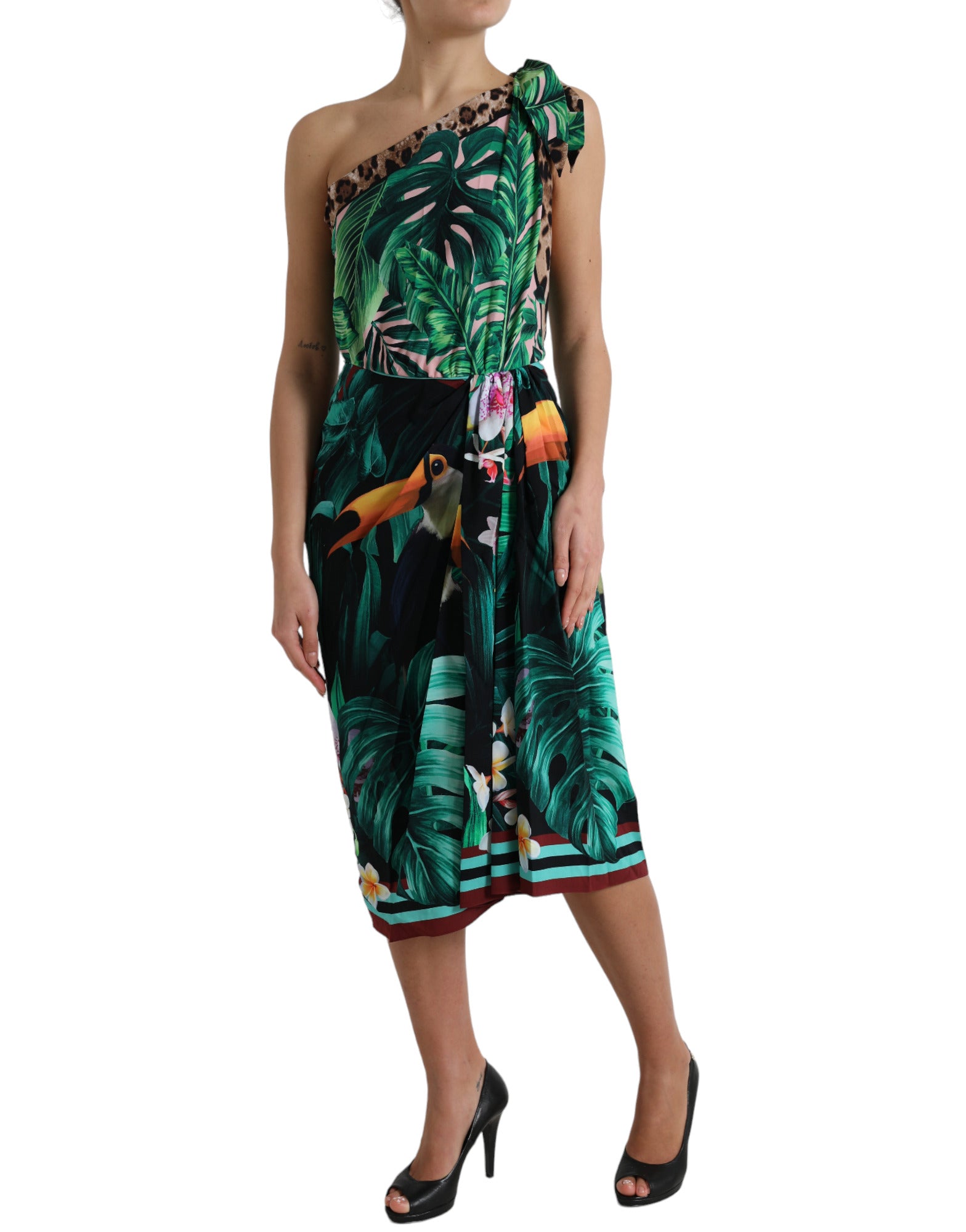 Rochie Dolce &amp; Gabbana cu imprimeu tropical Jungle și un umăr