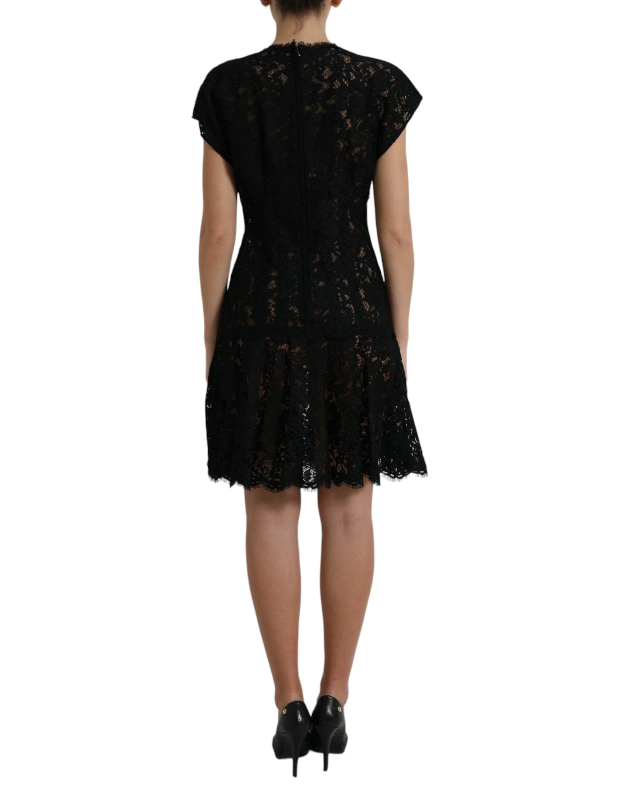 Rochie mini elegantă neagră cu imprimeu floral și linie A din dantelă Dolce &amp; Gabbana