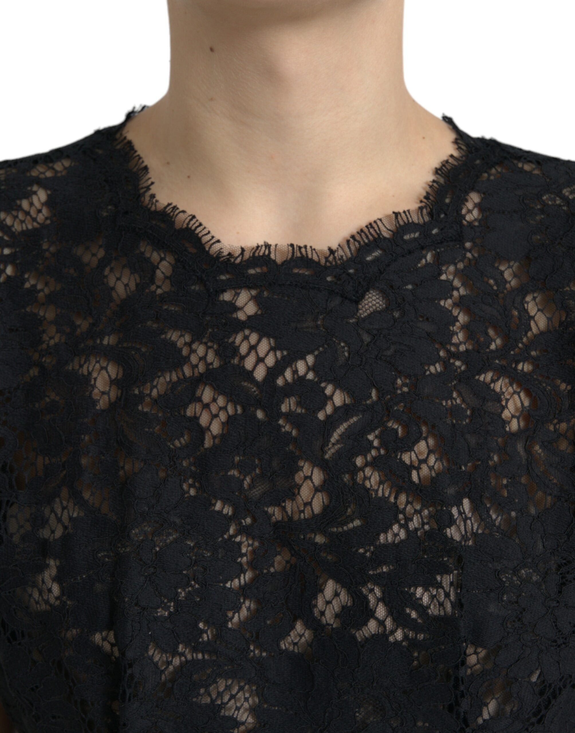 Rochie mini elegantă neagră cu imprimeu floral și linie A din dantelă Dolce &amp; Gabbana