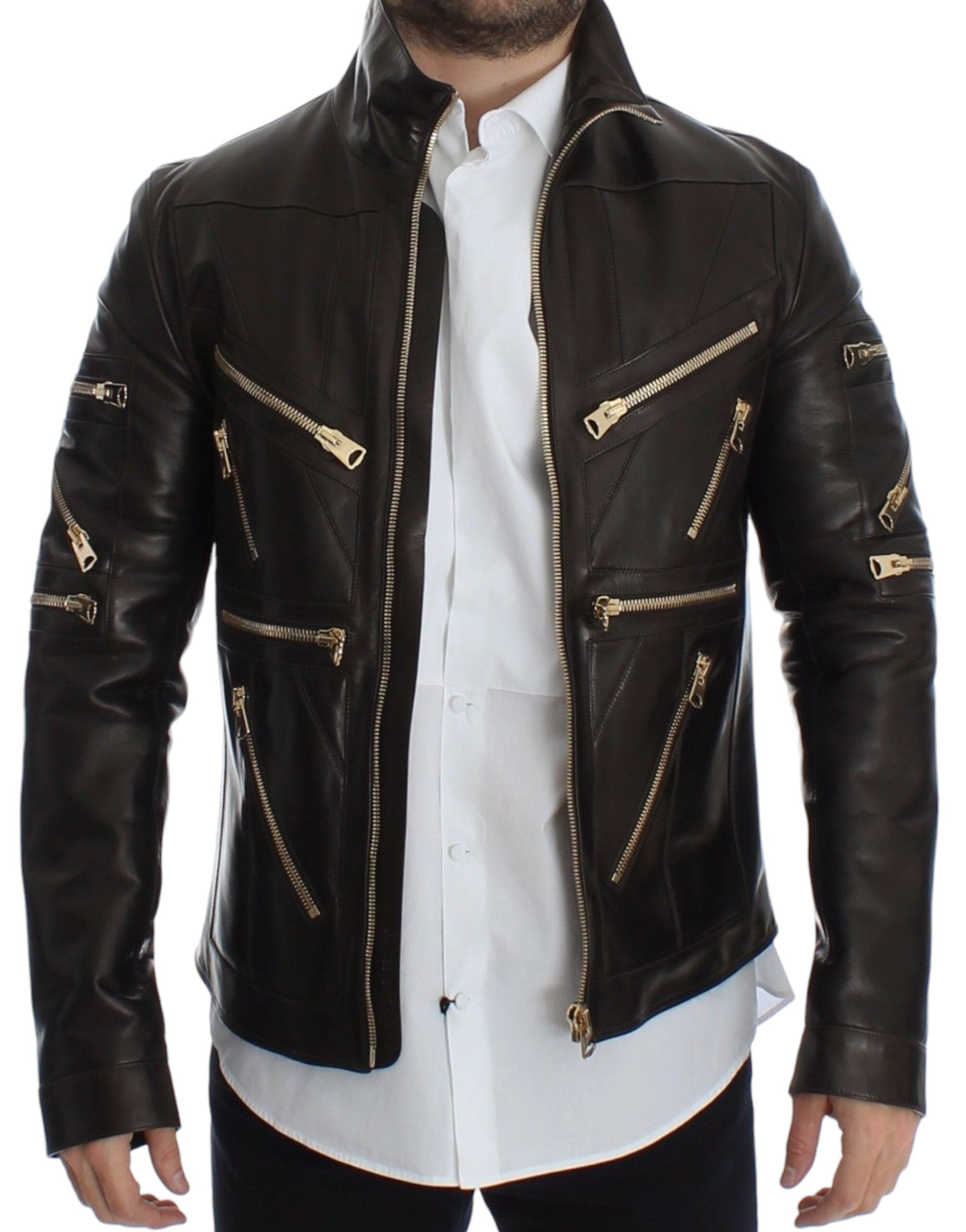 Dolce &amp; Gabbana Elegante braune Lederjacke mit Golddetails