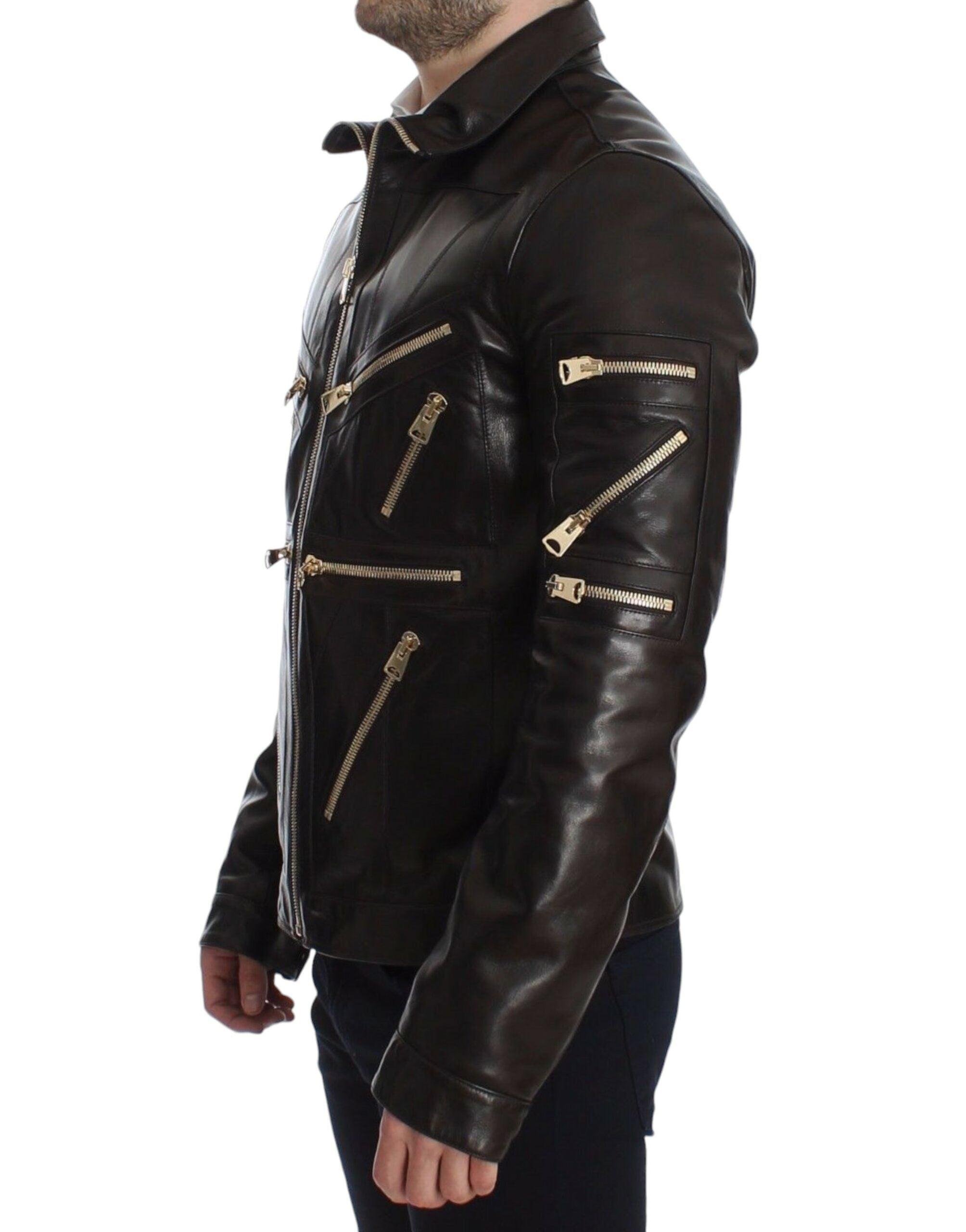 Dolce &amp; Gabbana Elegante braune Lederjacke mit Golddetails