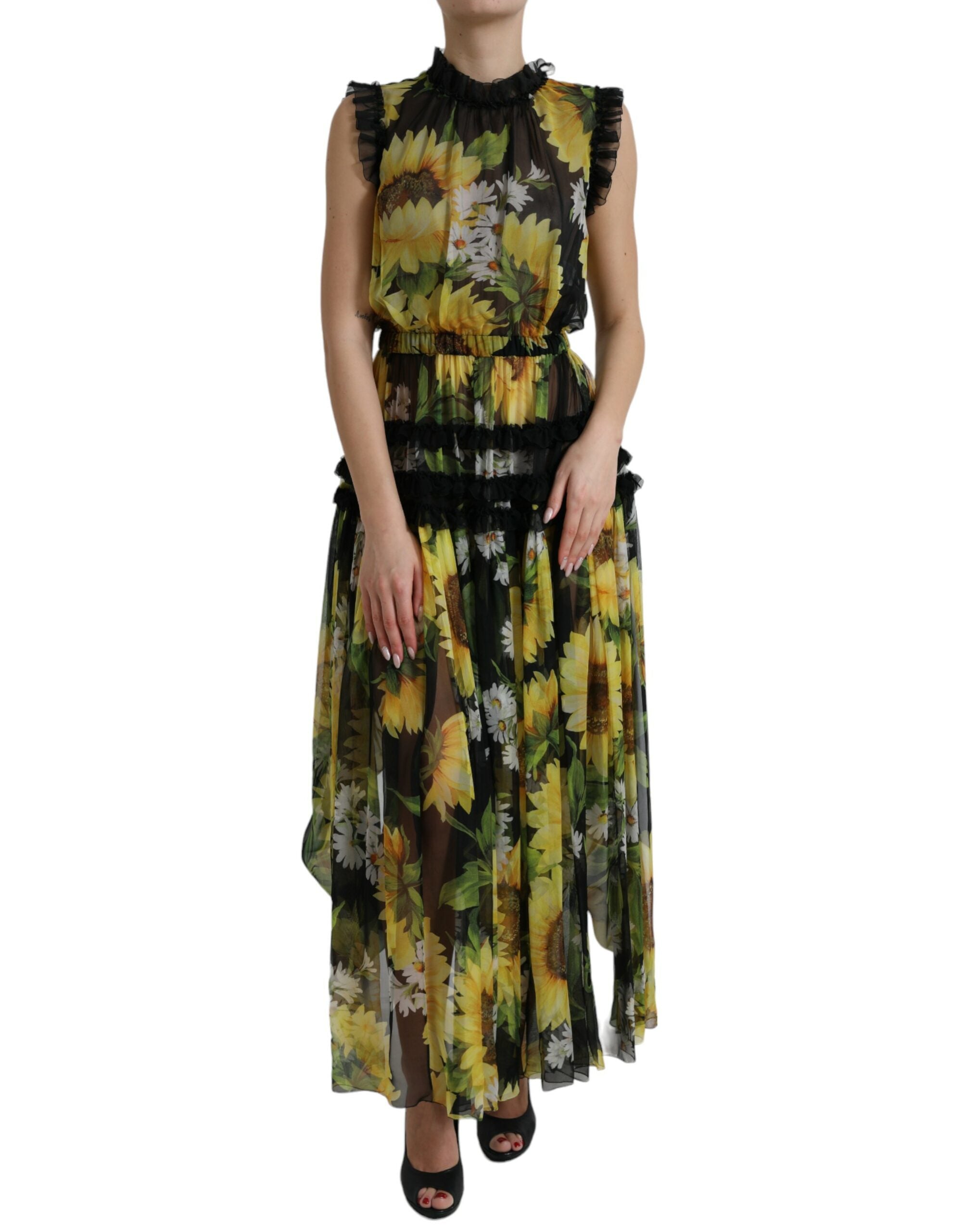 Rochie maxi elegantă din mătase cu imprimeu floarea-soarelui Dolce &amp; Gabbana