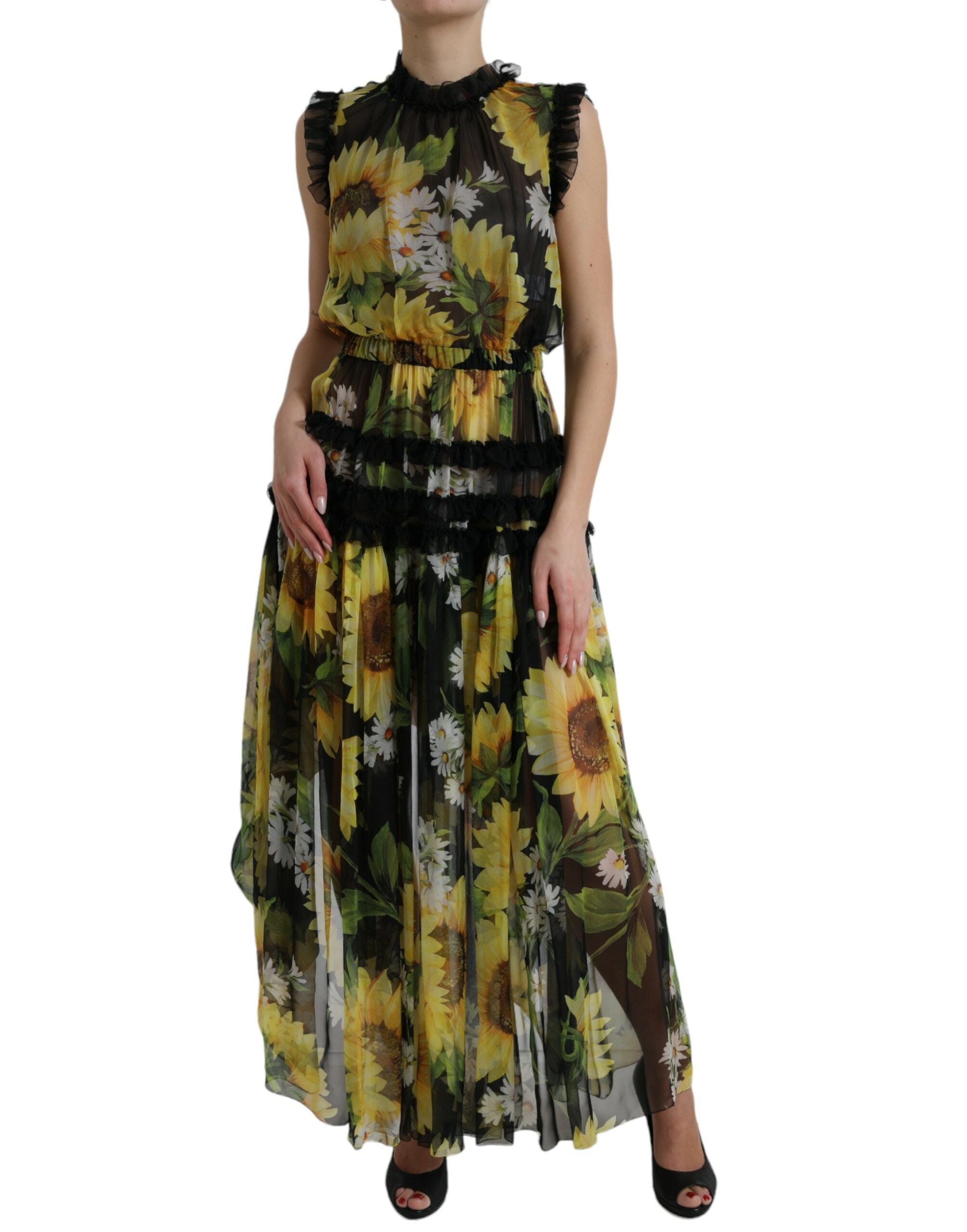Rochie maxi elegantă din mătase cu imprimeu floarea-soarelui Dolce &amp; Gabbana