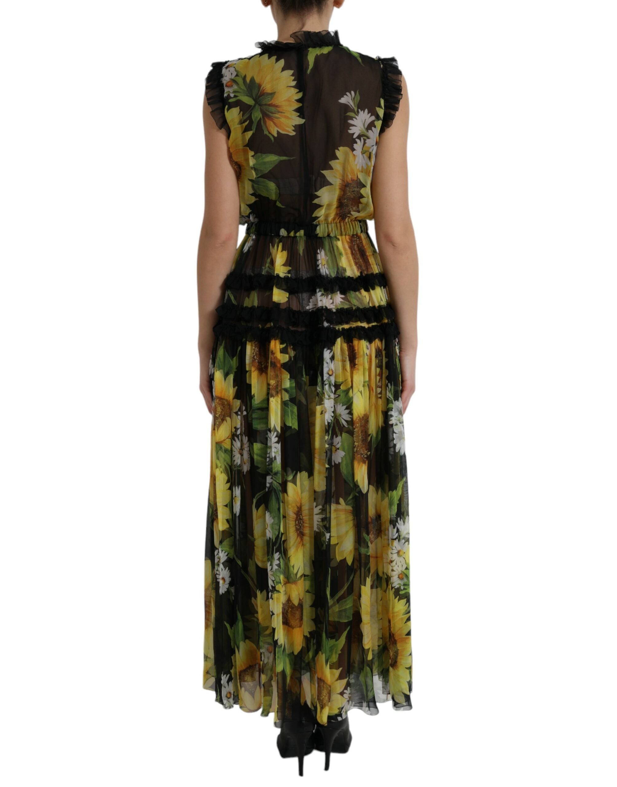 Rochie maxi elegantă din mătase cu imprimeu floarea-soarelui Dolce &amp; Gabbana