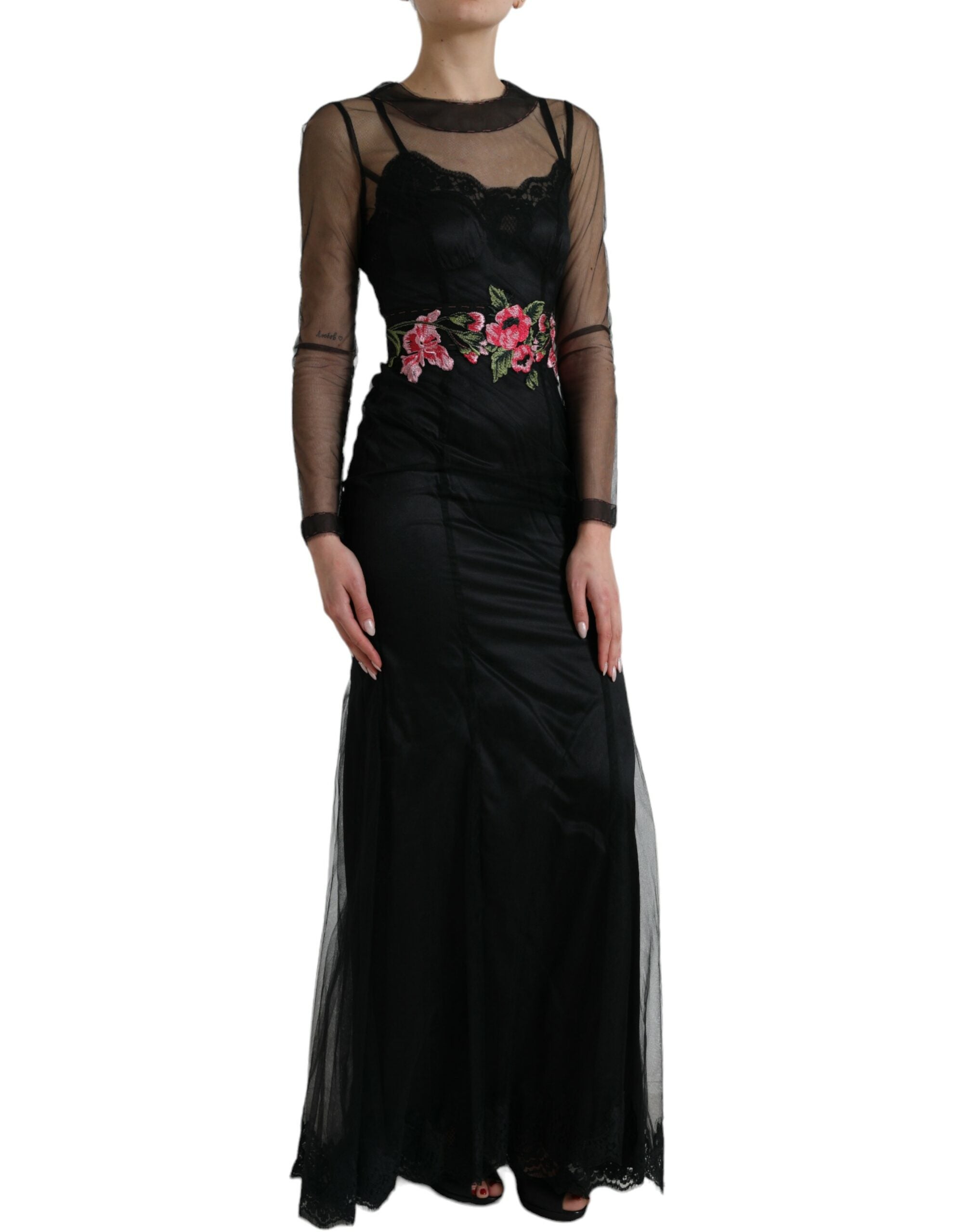 Rochie lungă de seară din tul cu broderie florală Dolce &amp; Gabbana