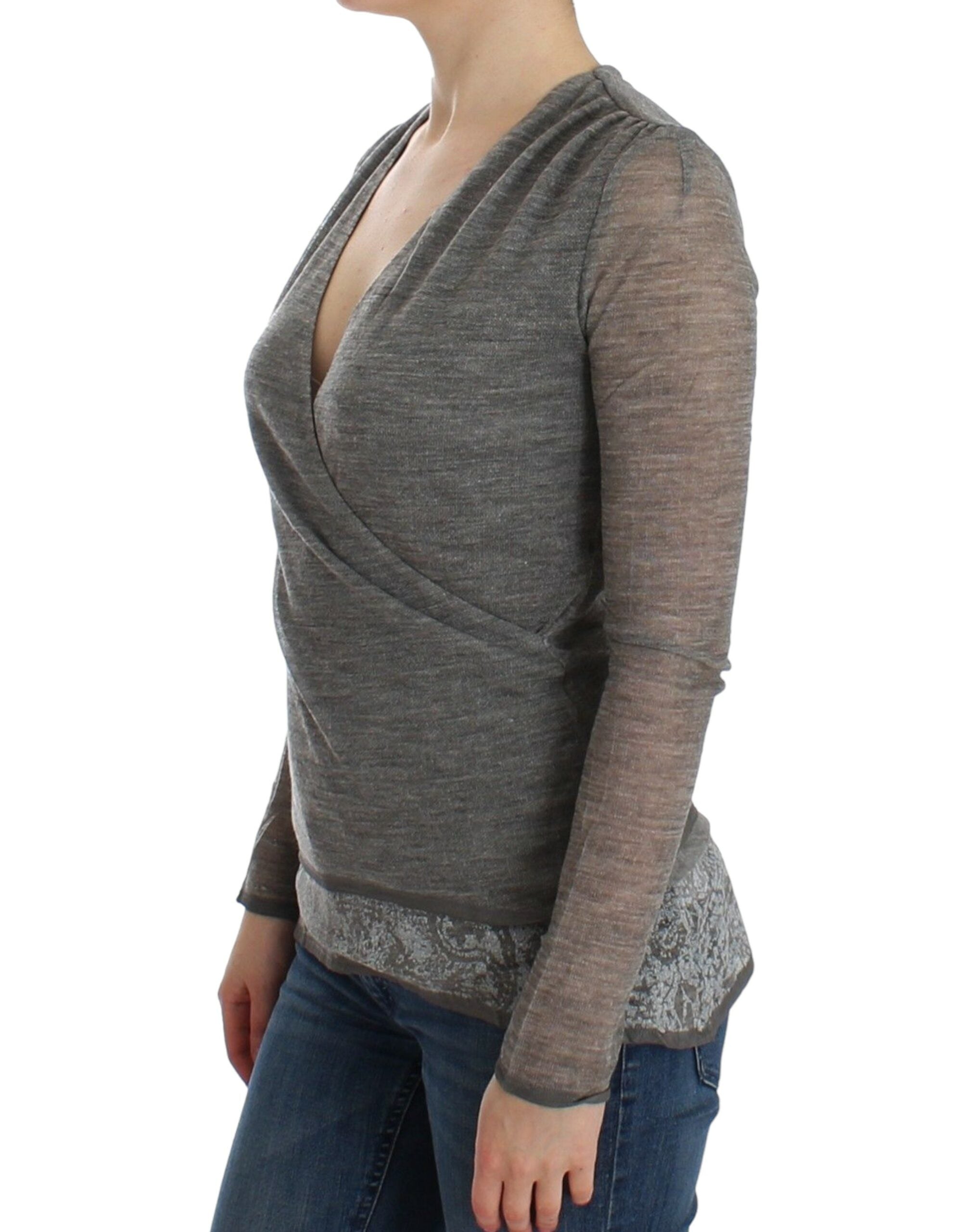 Ermanno Scervino Eleganter Pullover aus grauer Wollmischung mit tiefem V-Ausschnitt