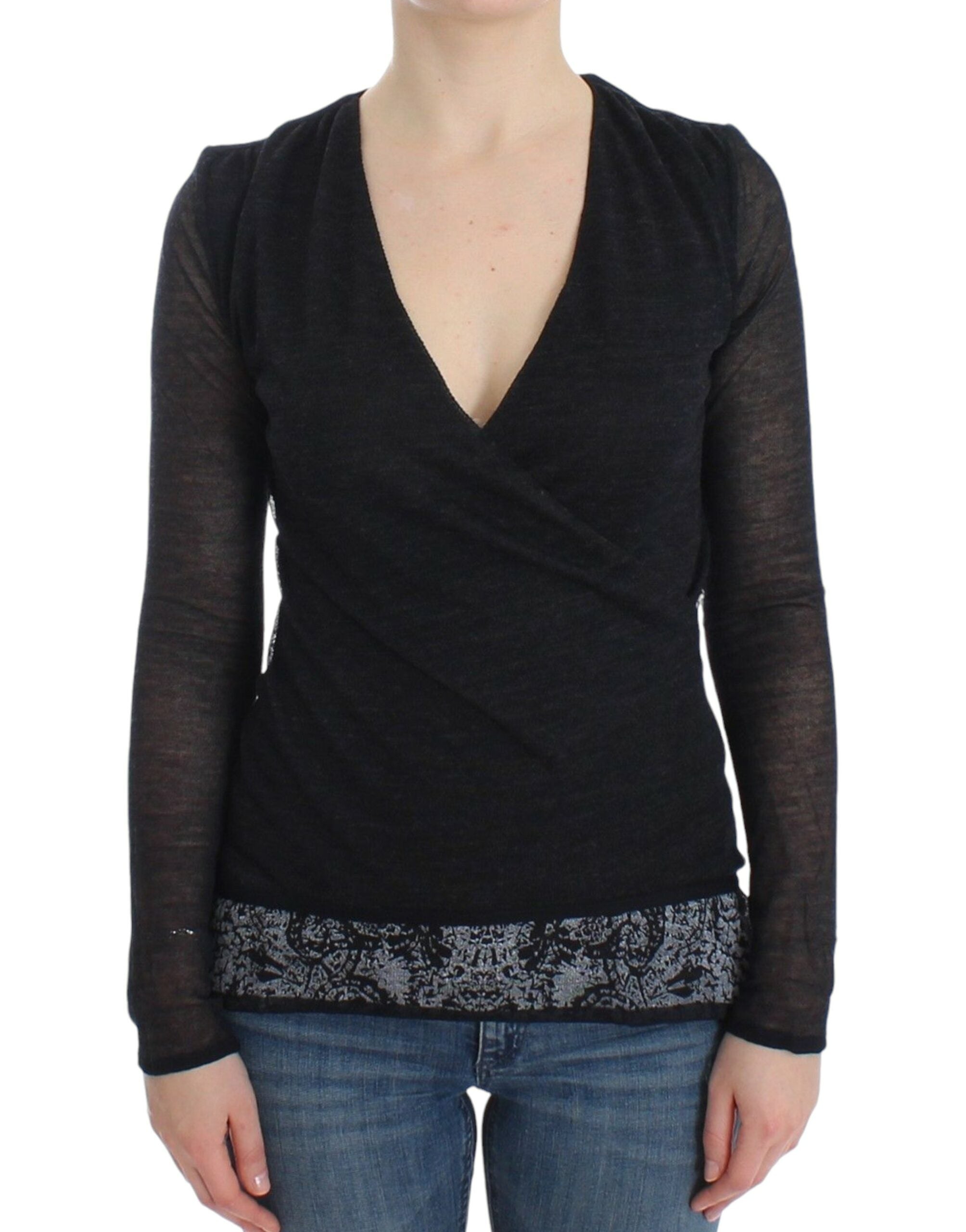 Ermanno Scervino – Schwarzer Pullover aus Wollmischung mit tiefem V-Ausschnitt