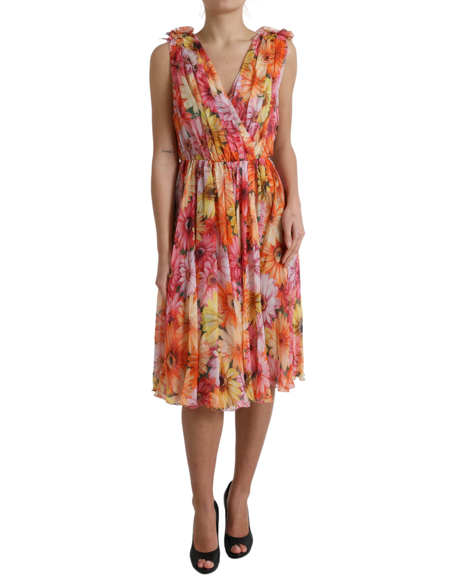 Rochie midi elegantă din mătase florală cu decolteu în V Dolce &amp; Gabbana