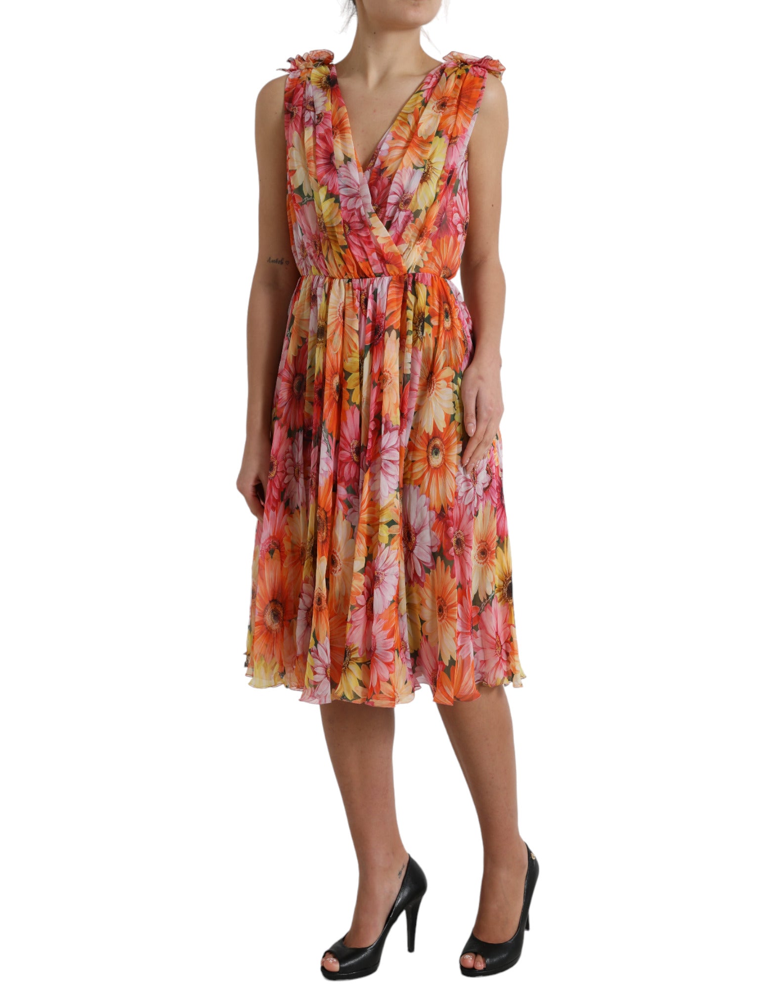 Rochie midi elegantă din mătase florală cu decolteu în V Dolce &amp; Gabbana