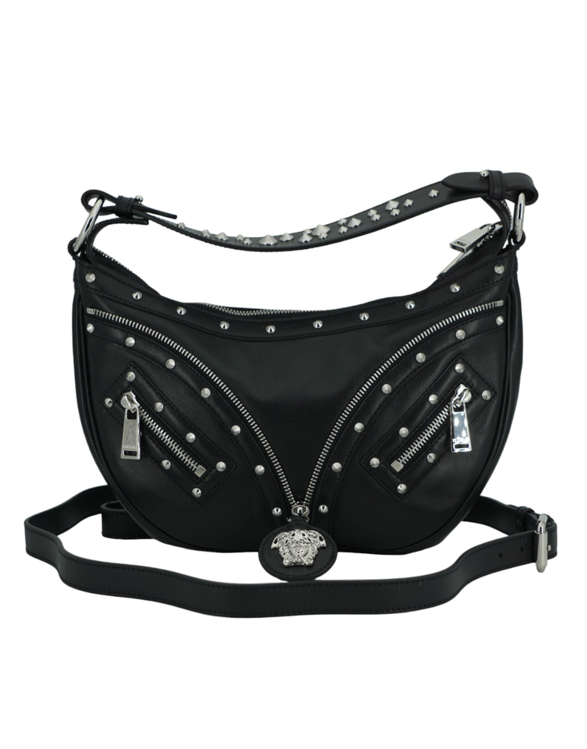 Versace Elegante Hobo-Umhängetasche aus schwarzem Leder