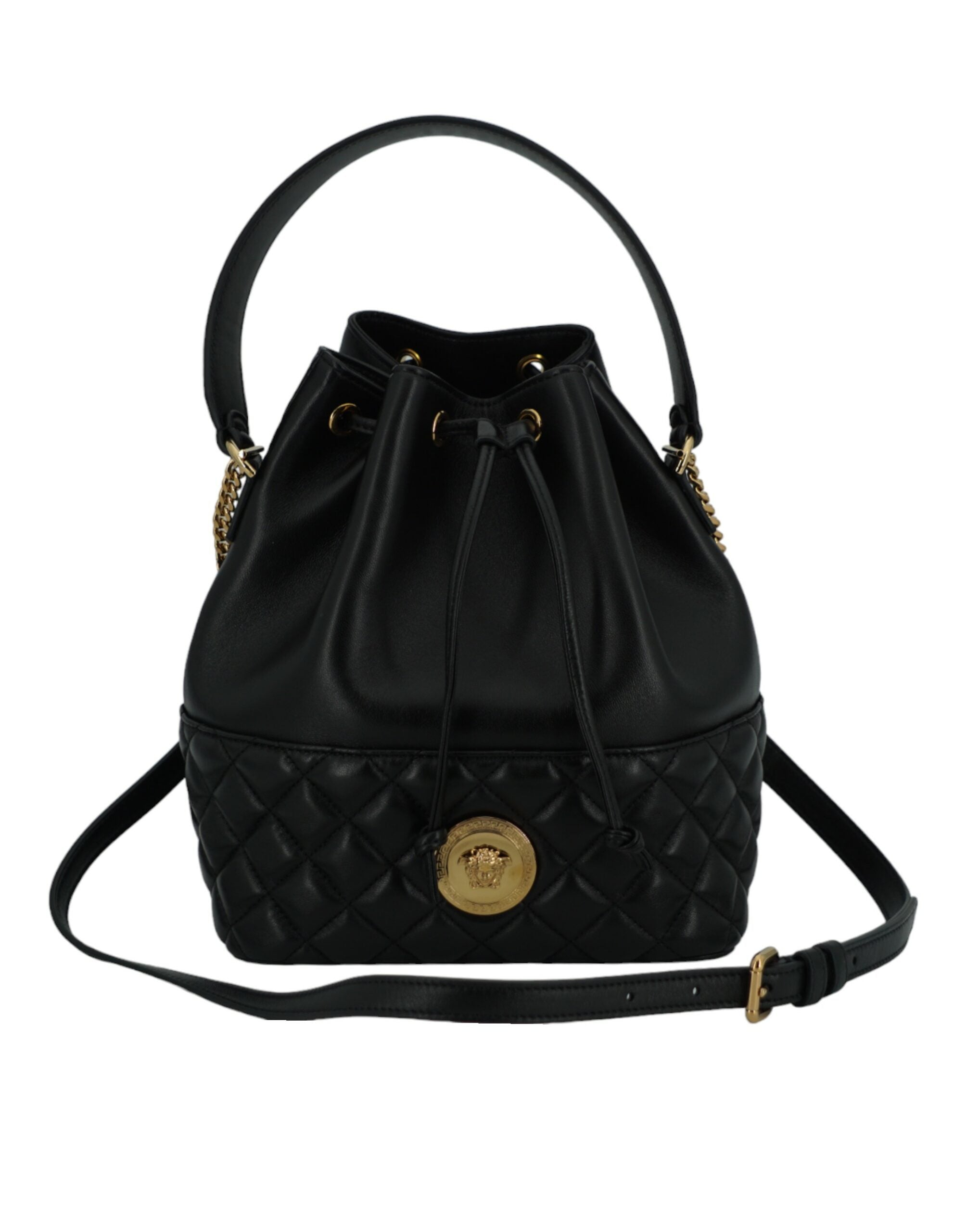 Versace Elegante Medusa Bucket-Umhängetasche aus schwarzem Leder