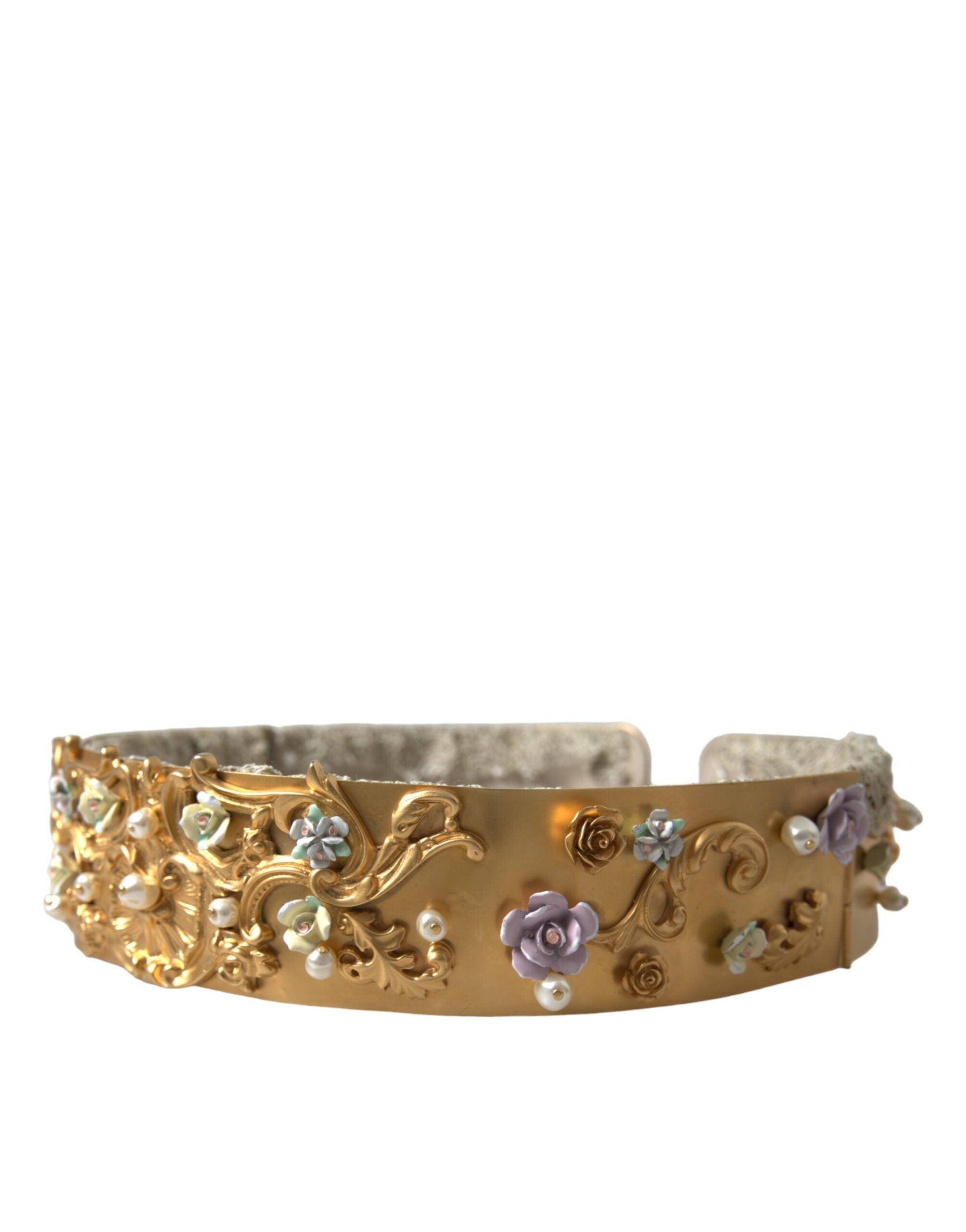 Dolce &amp; Gabbana Eleganter goldfarbener Gürtel mit Kunstperlen und Blumenmuster