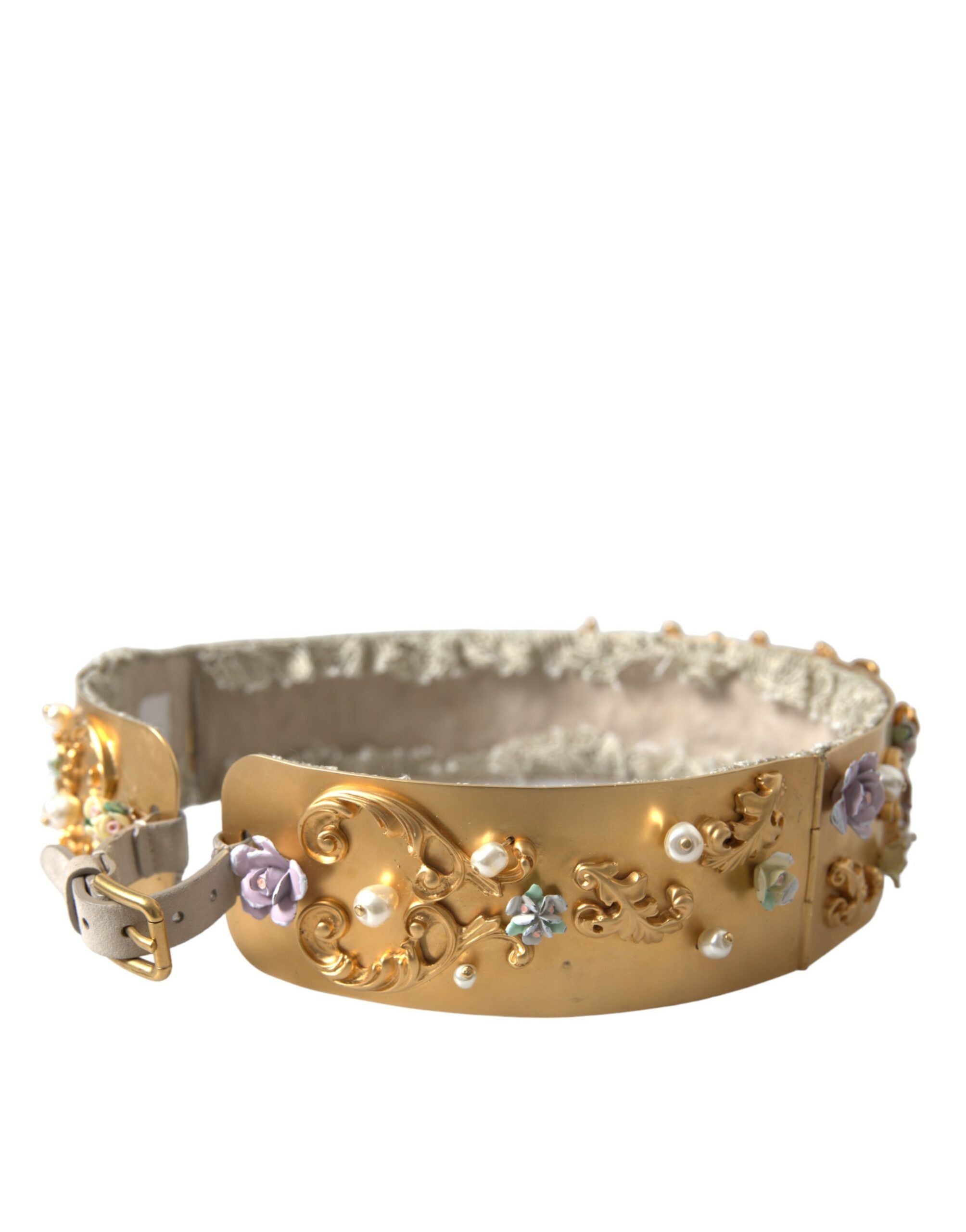 Dolce &amp; Gabbana Eleganter goldfarbener Gürtel mit Kunstperlen und Blumenmuster