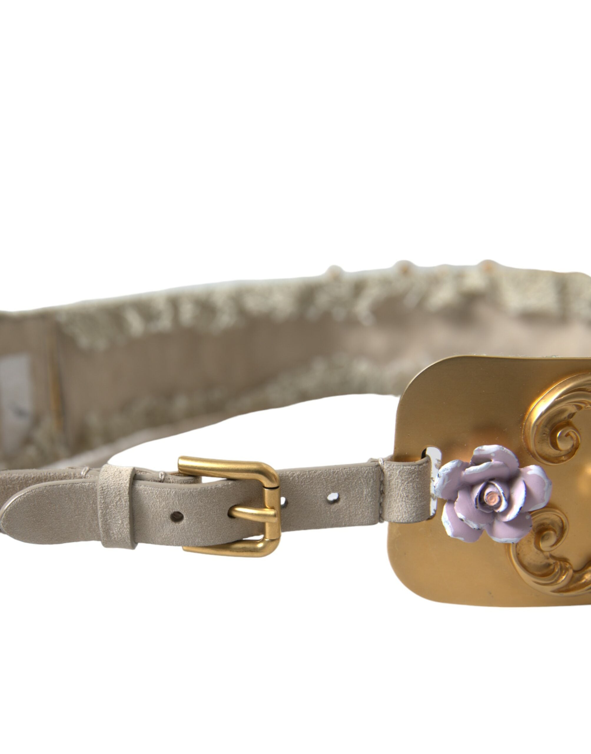 Dolce &amp; Gabbana Eleganter goldfarbener Gürtel mit Kunstperlen und Blumenmuster