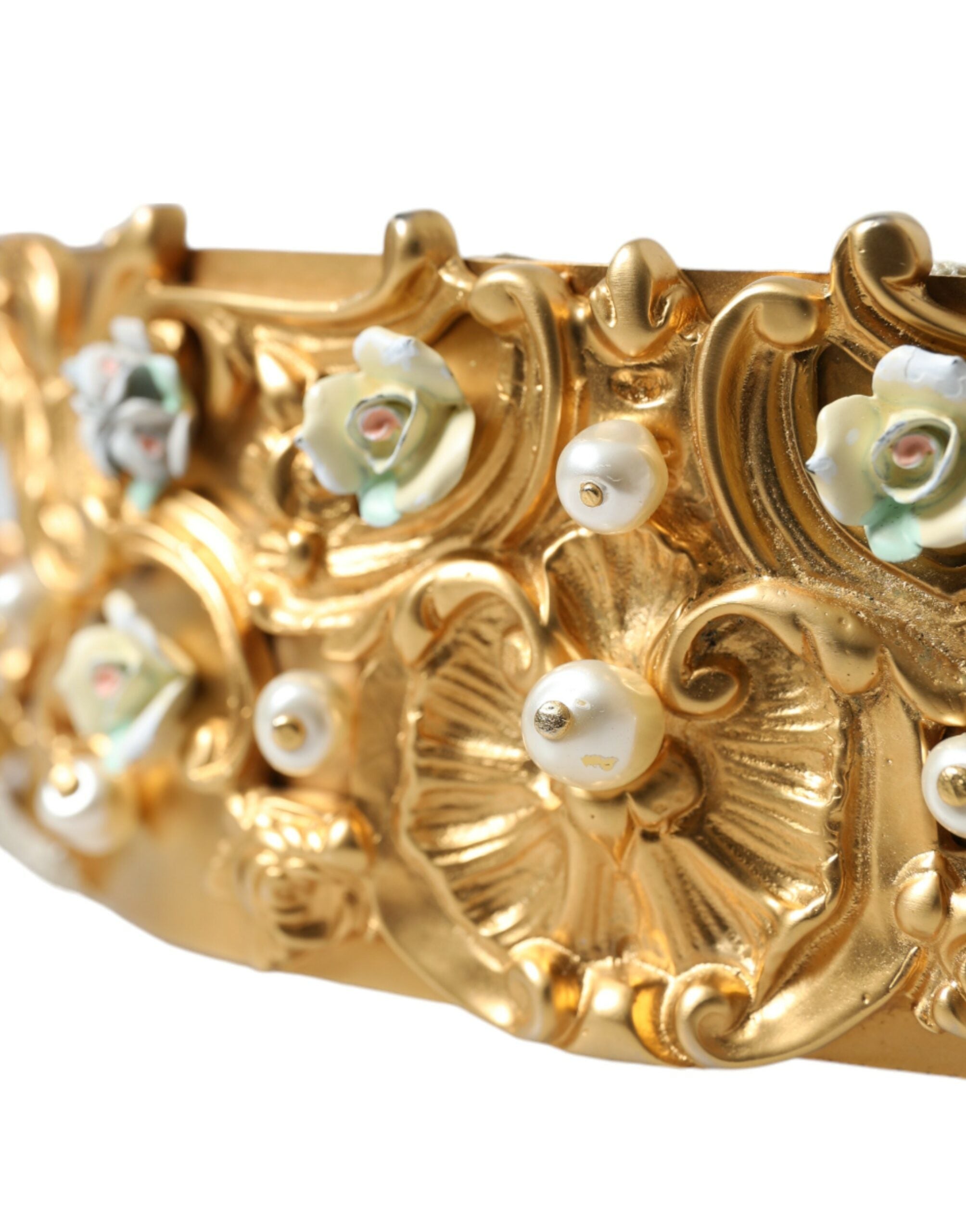 Dolce &amp; Gabbana Eleganter goldfarbener Gürtel mit Kunstperlen und Blumenmuster
