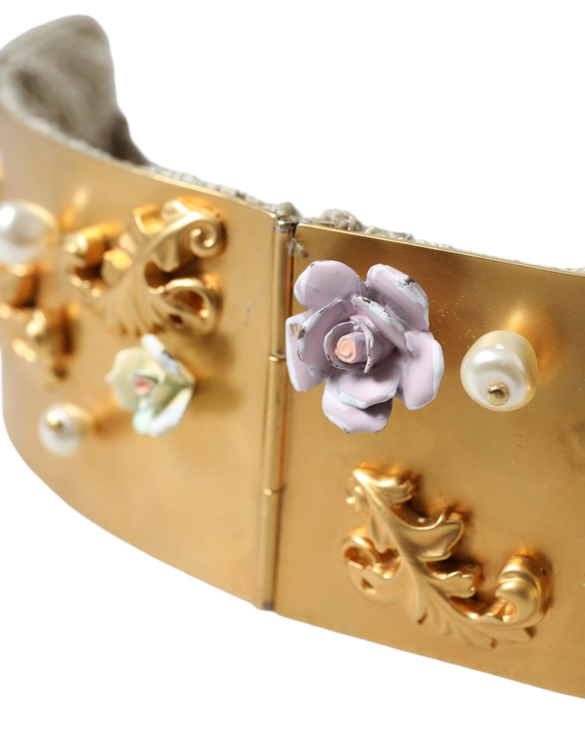 Dolce &amp; Gabbana Eleganter goldfarbener Gürtel mit Kunstperlen und Blumenmuster