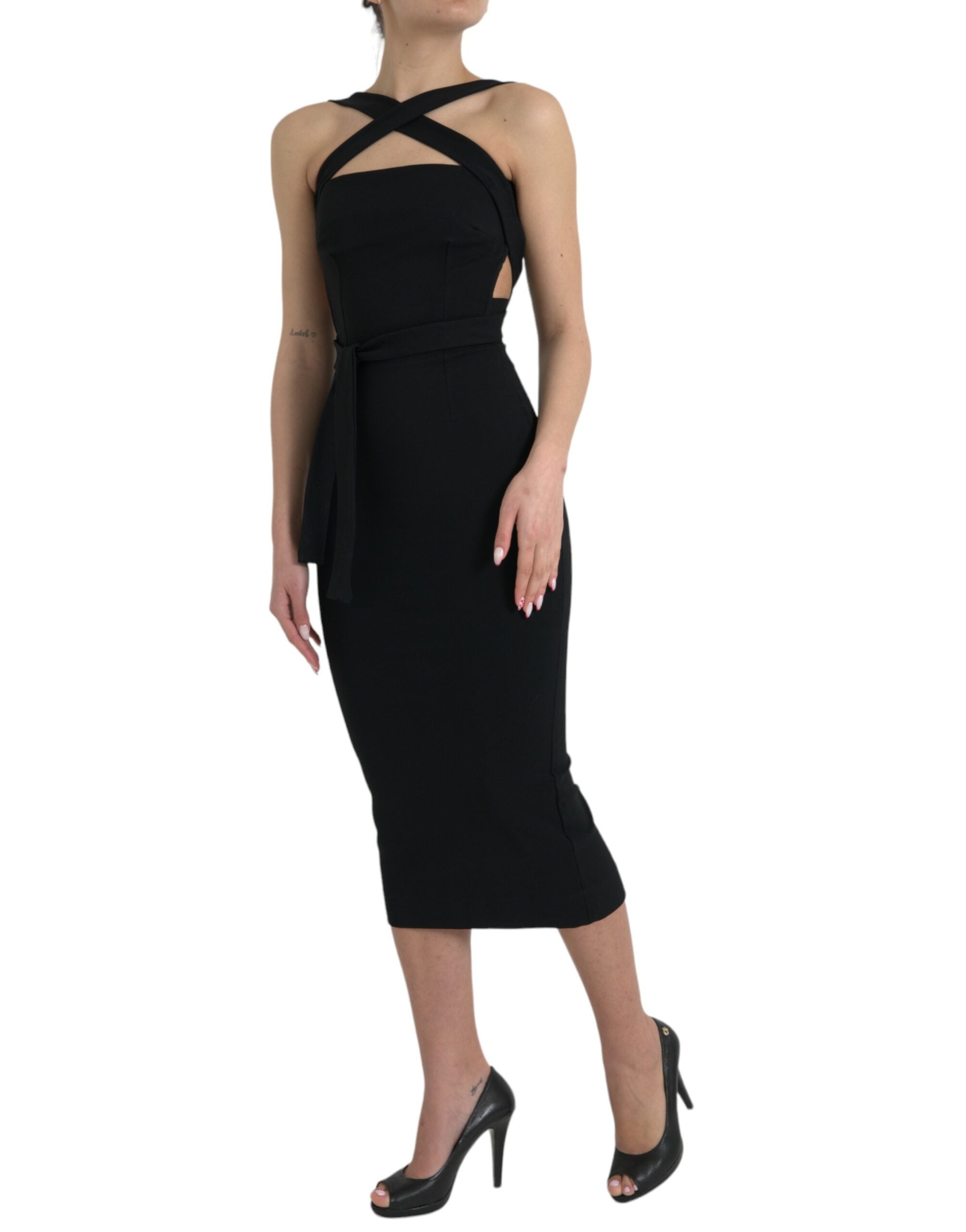 Rochie midi elegantă Dolce &amp; Gabbana neagră cu imprimeu halter