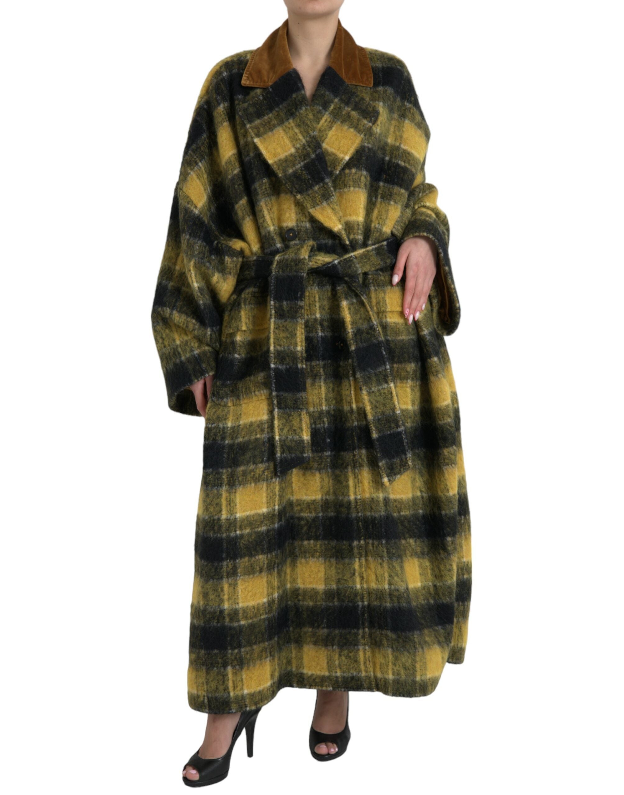 Dolce &amp; Gabbana – Schicker, karierter, langer Trenchcoat in Sonnengelb