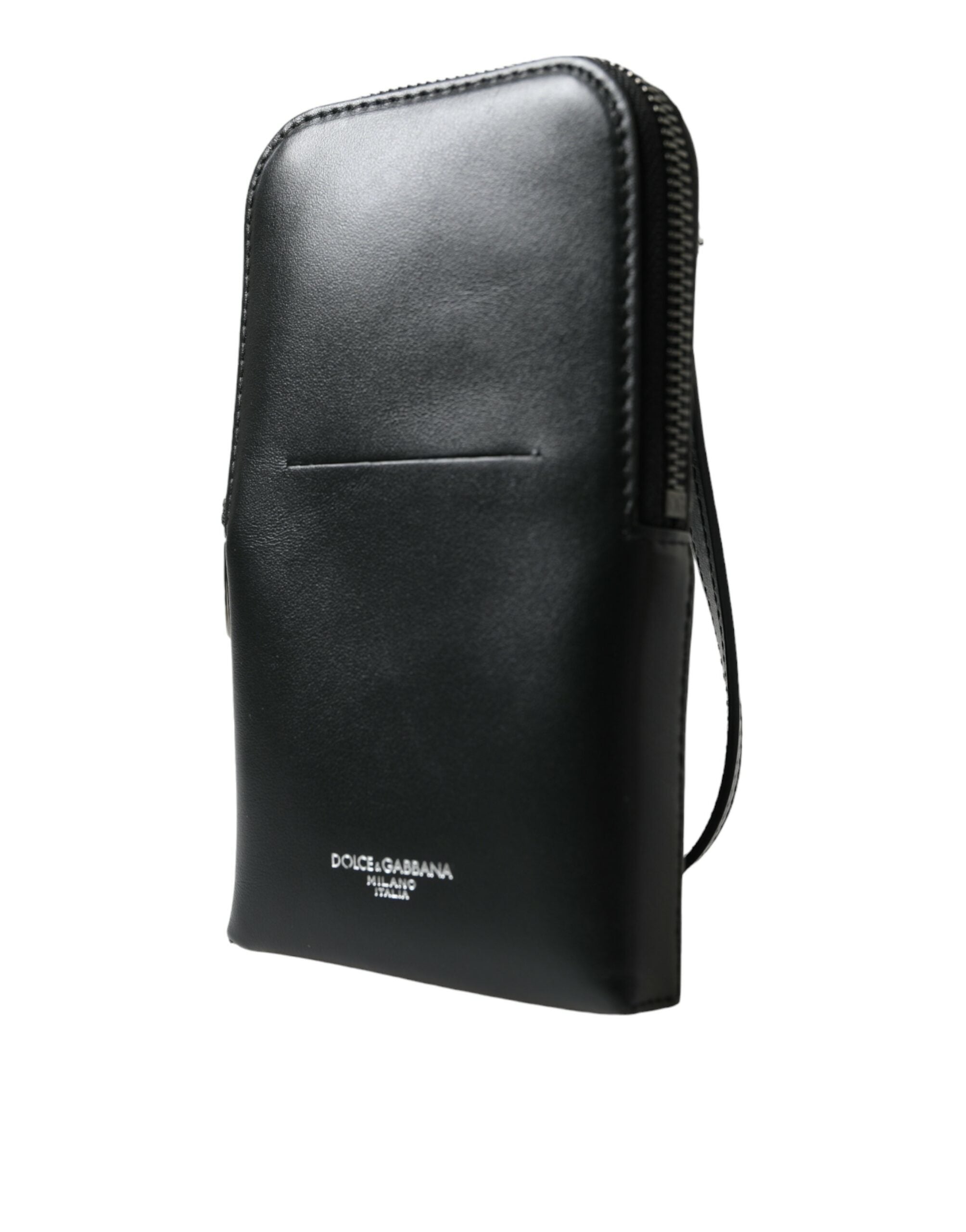 Dolce &amp; Gabbana Schwarzes Lederportemonnaie mit Logo-Print und Umhängeband