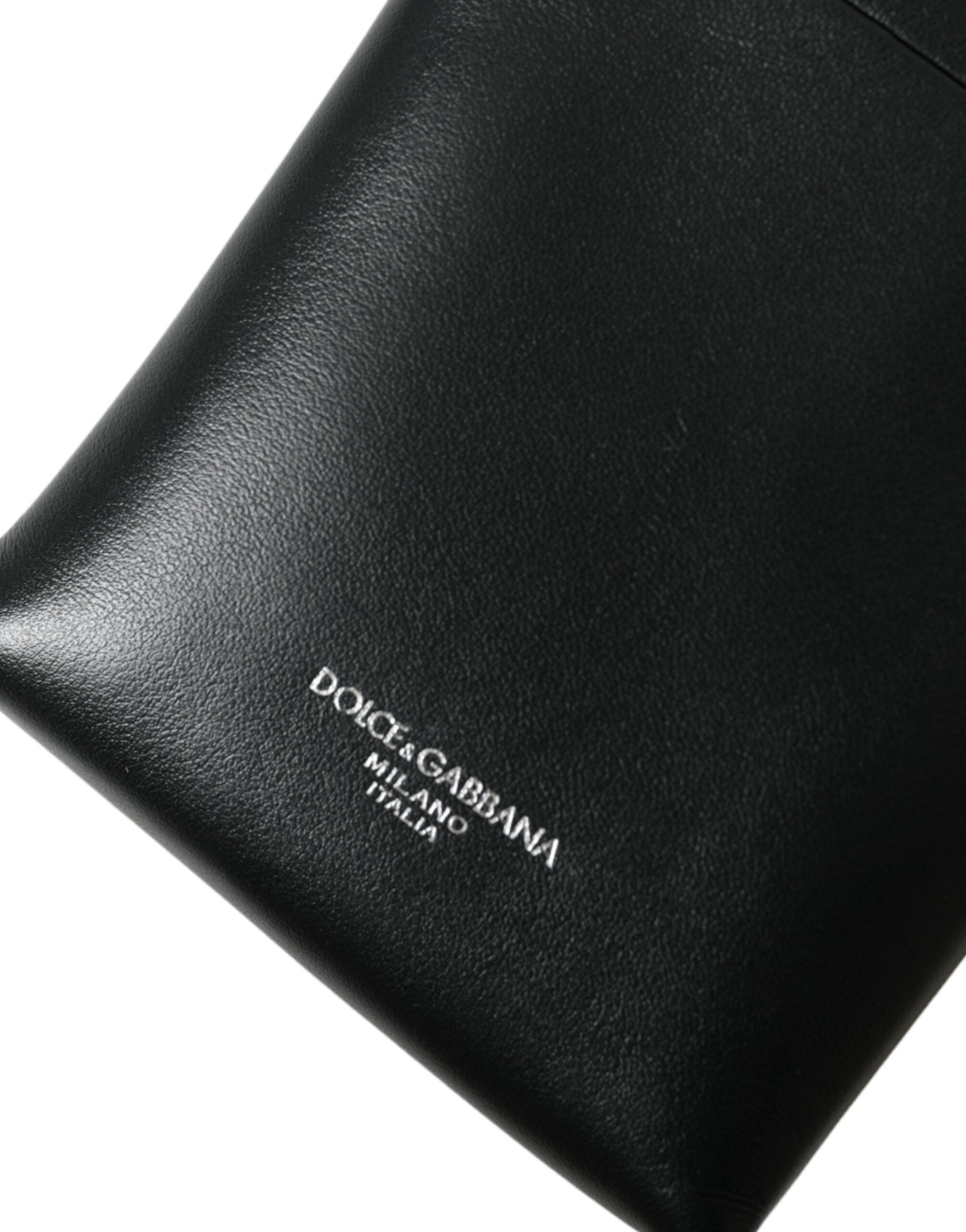 Dolce &amp; Gabbana Schwarzes Lederportemonnaie mit Logo-Print und Umhängeband