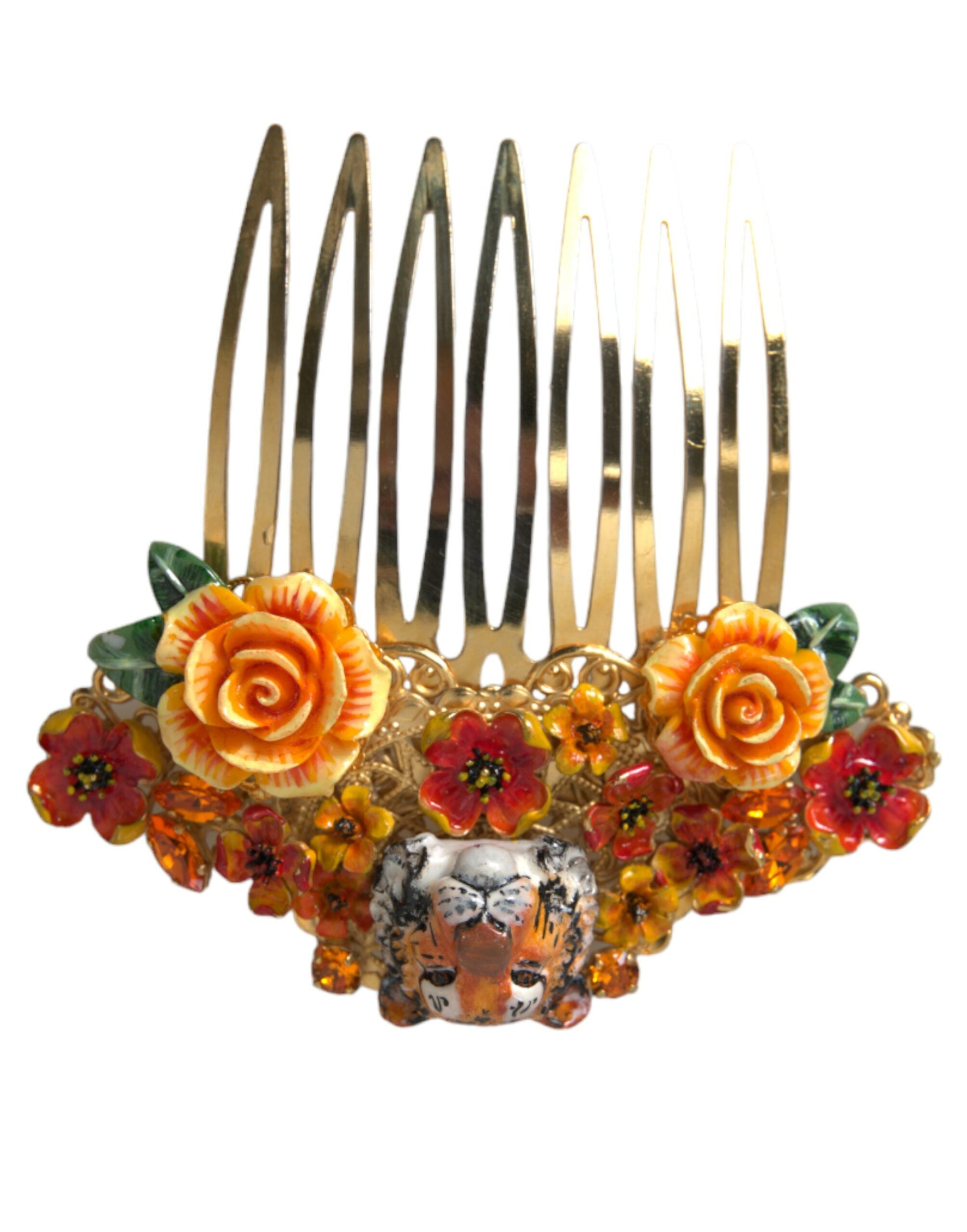 Pieptene de păr Dolce &amp; Gabbana cu model floral și cristal leopard din alamă aurie